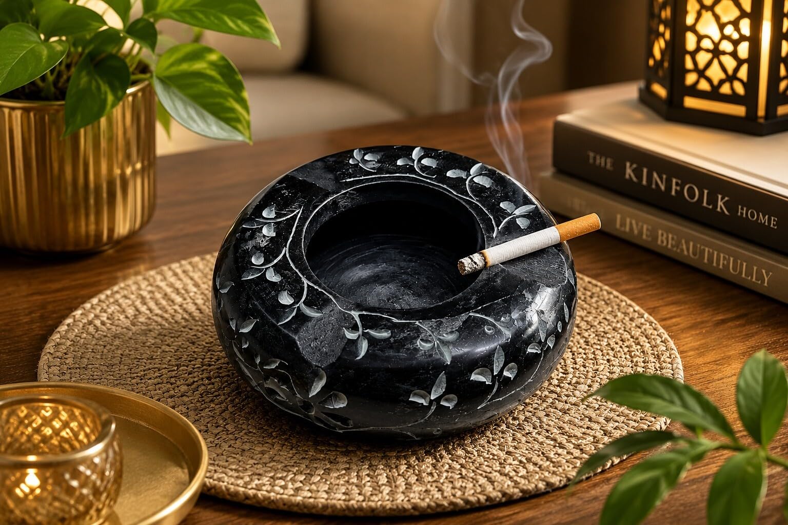 Handcrafted Black Soapstone Ashtray (3 Inch) | Floral Inlay Natural Stone Cigarette Ash Holder, Decorative Smoking Accessory for Home, Office, Patio, Balcony & Lounge-image-9