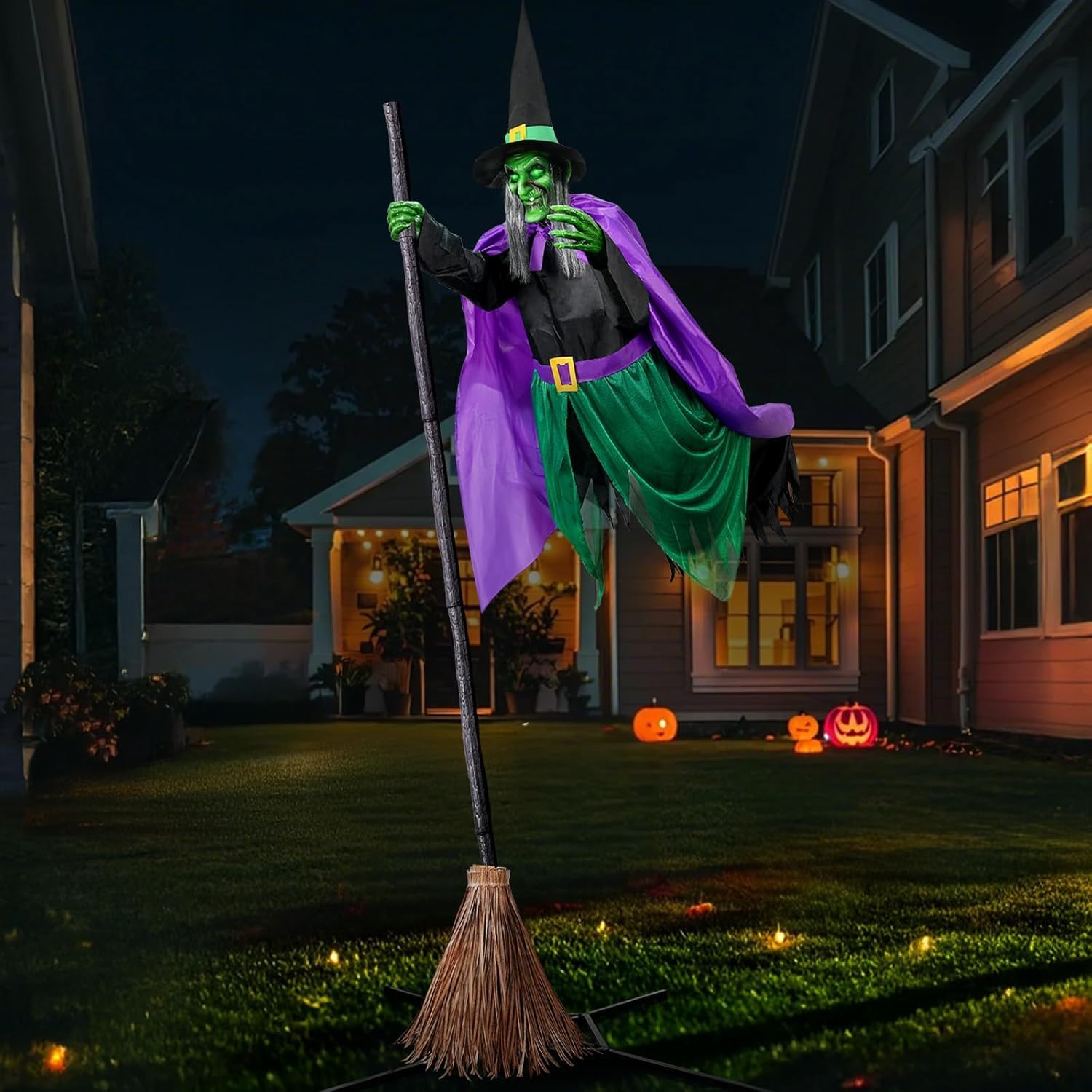 SpirWoRchlan 6 FT Flying Witch Halloween Decorations Outdoor with Scary Sounds and Lights, Animated Hovering Witch Prop for Garden Yard Lawn Indoor Outdoor Halloween Decorations Green