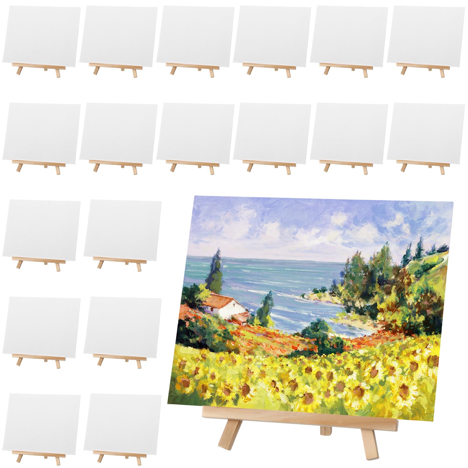 MotiMind Leinwandtafeln mit Staffelei-Set zum Malen, 18 Stück, 20,3 x 25,4 cm, Leinwandpaneele mit 18 Holzstaffeleien für Acryl, Öl, Aquarell, Basteln, Kunstmalerei, Party, Geburtstag, Muttertag,