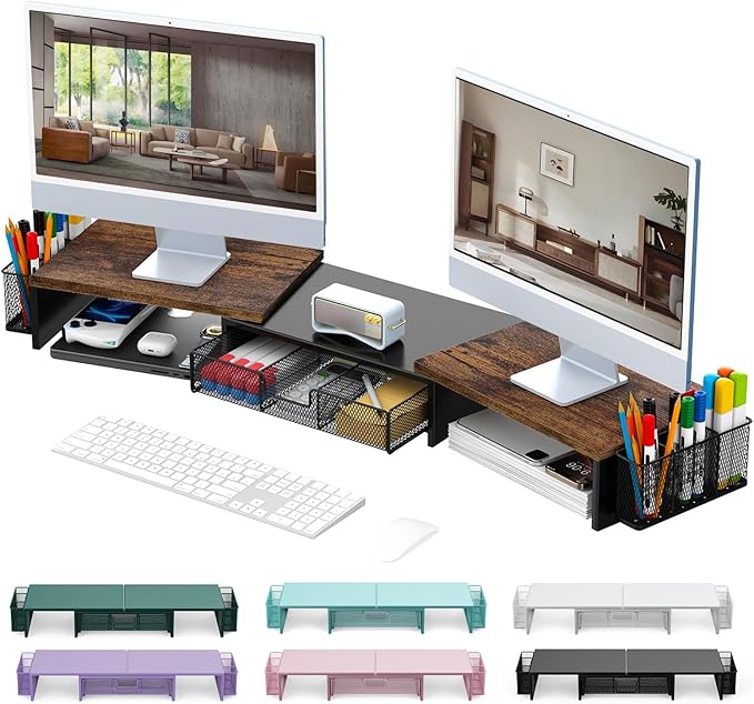gianotter Dual Monitor Stand Riser, Desk Organizer With Drawer and 2 Pen Holders