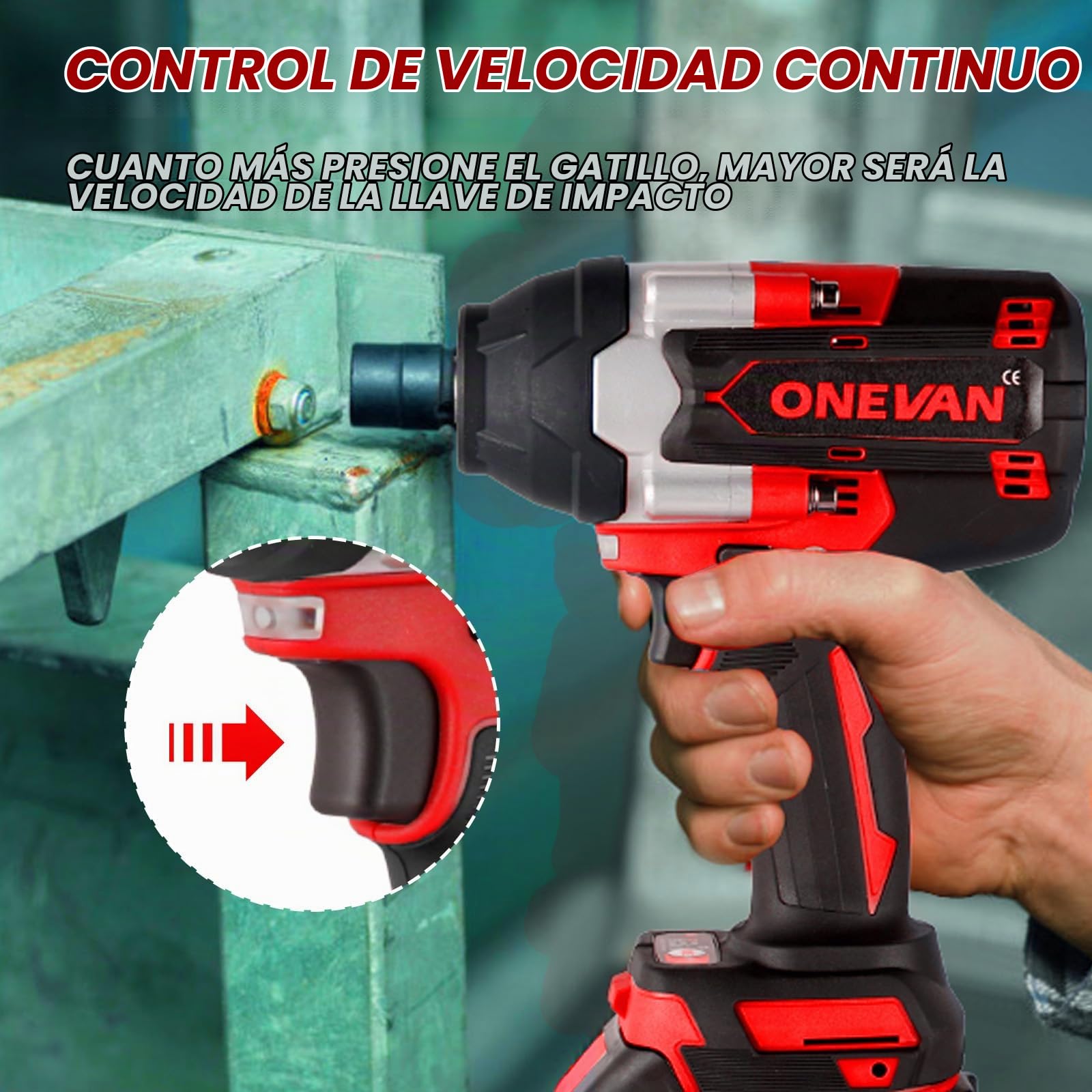 ONEVAN Llave de Impacto Inalámbrica 1000 Nm 1/2" sin Escobillas 2 Baterías | 3 Velocidades adelante/2 atrás, Parada automática, 2700 ipm Frecuencia, 3s Desatornillado tuercas, Reparación autos, Andamios