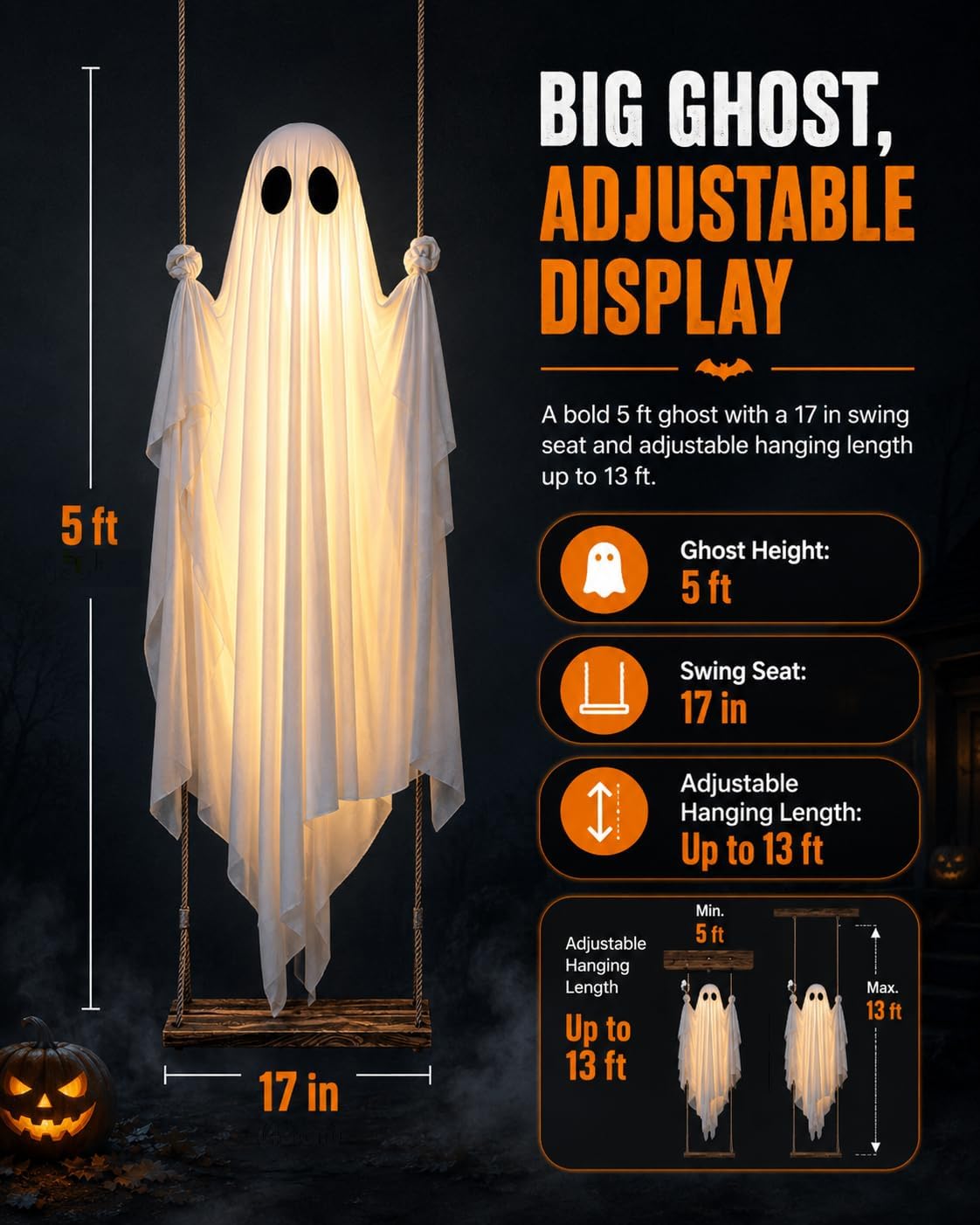 Swinging Ghost Halloween Decorations Outdoor Decor Animatronics Tree Size Lighted Swing with Glowing Pumpkin Horror Features a Large with Bat 5 Ft Hanging Swin Ceiling with Chilling (1) image 3