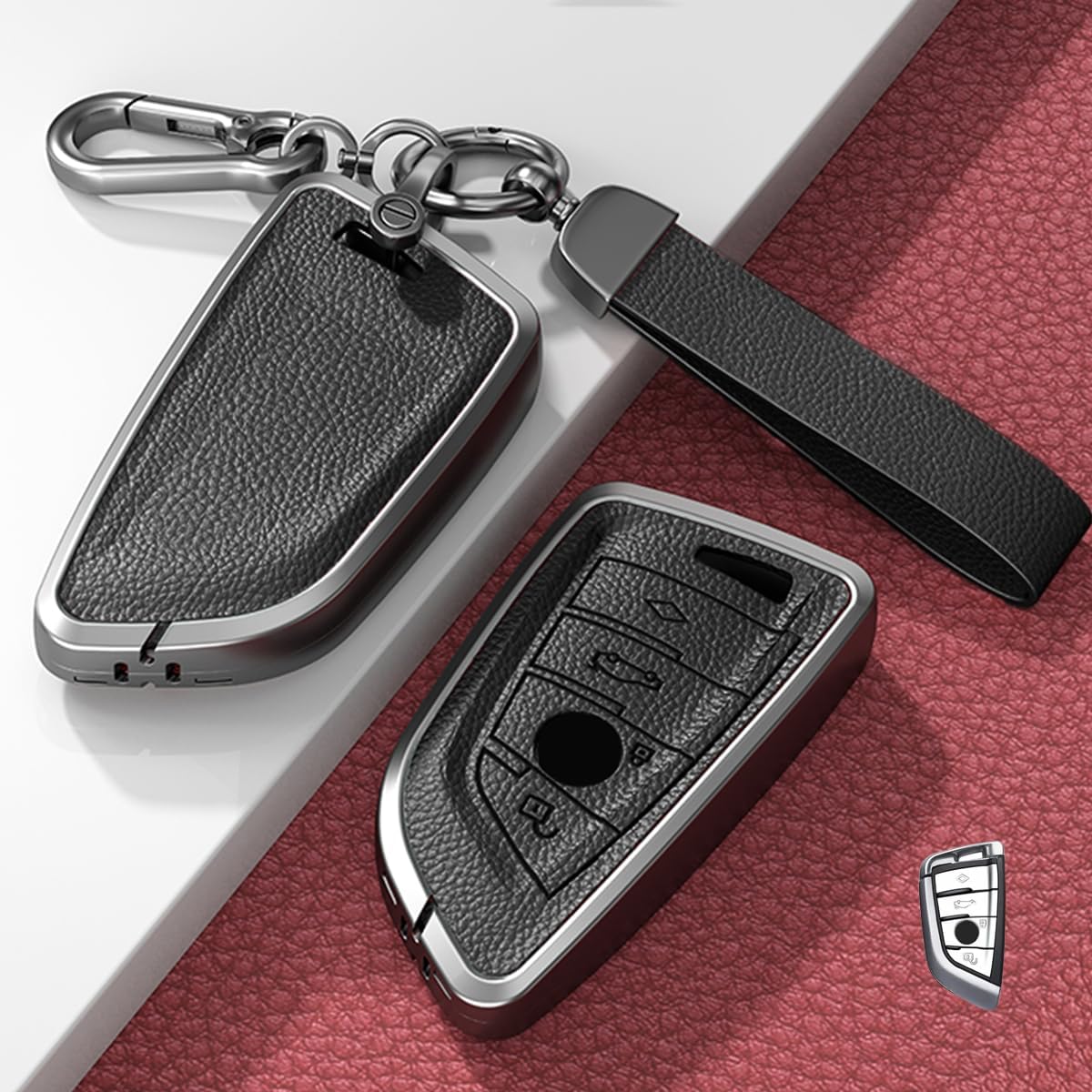 Key Fob Cover & Keychain Set Compatible with BMW 2 3 5 6 7 8 Series X1 X2 X3 X4 X5 X6 X7 Z4 – Metal Shell Protection with Premium Leather(Black)
