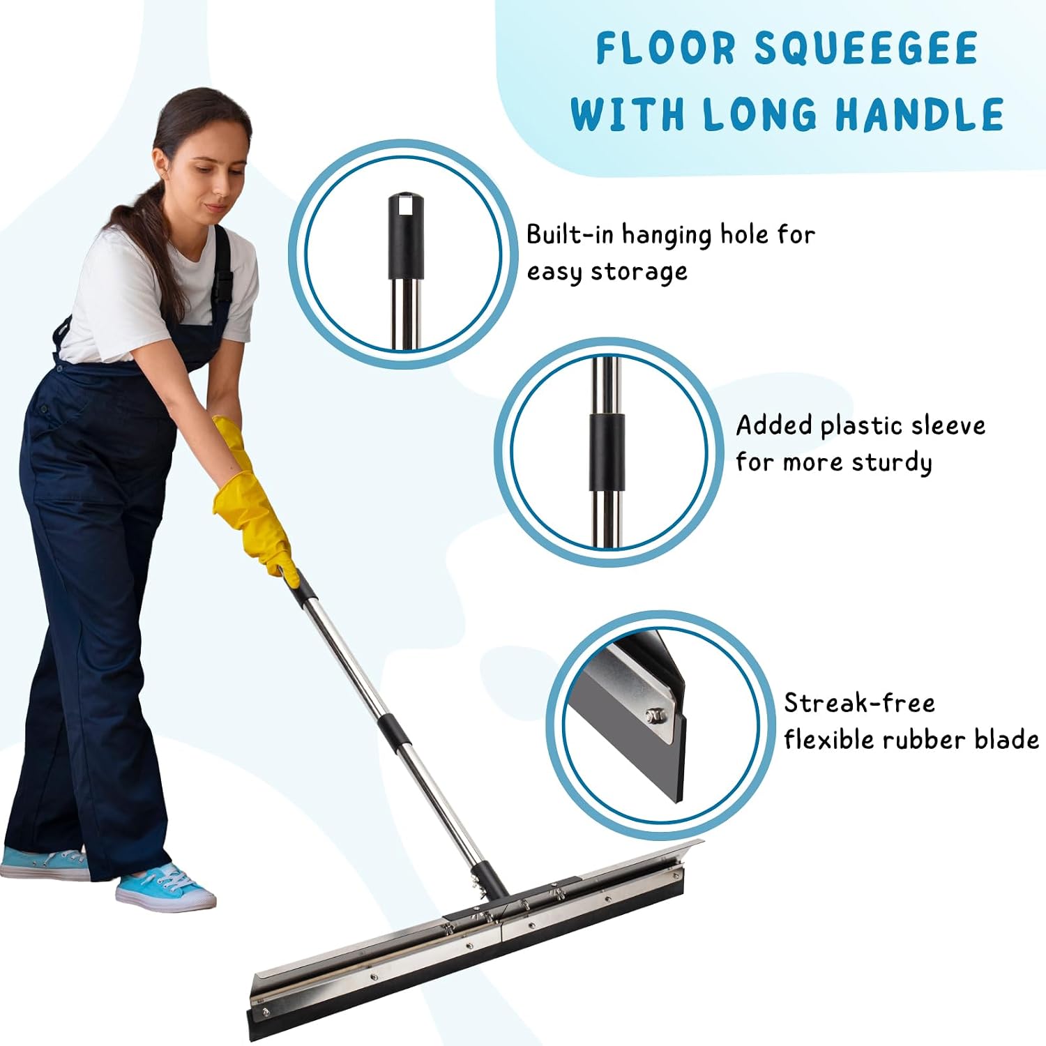 Floor Squeegee for Concrete Water Removal, 31'' Large Heavy Duty Water Pusher with Splash Guard for Garage, Deck, Driveway, Pool, Patio, Tile, 55.5’’ Long Handle Commercial Outdoor Rubber Squeegees image 2