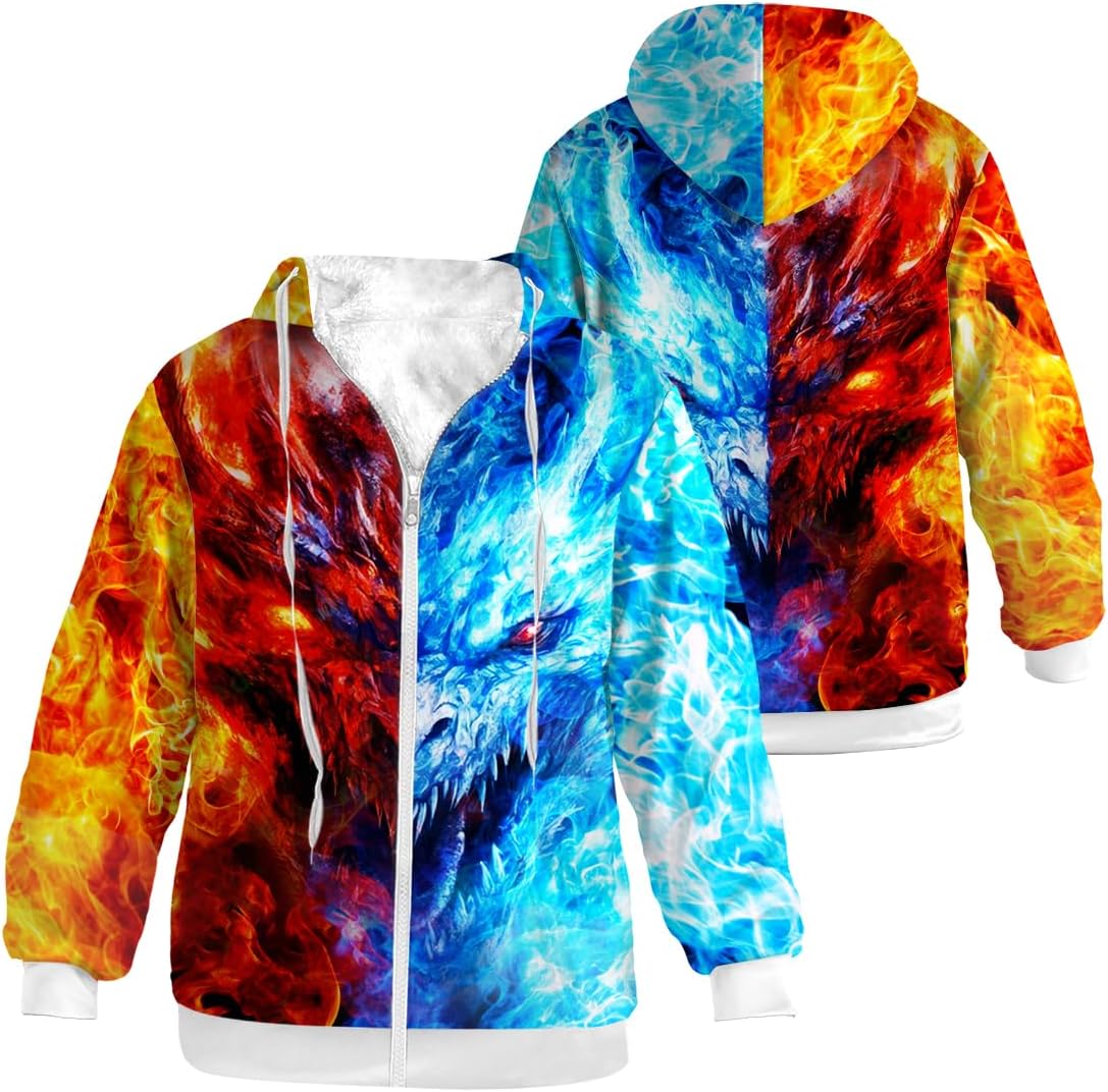 Fire Ice Winter Coat Men Women Fleece Lined Jackets 3D Graphic Full Zip Up Jacket Gifts for Him Her