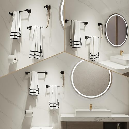 Miniatura 7 de Toalleros para baño, juego de 4 piezas de accesorios de baño negro mate SUS304 de acero inoxidable montado en la pared, incluye toallero individual