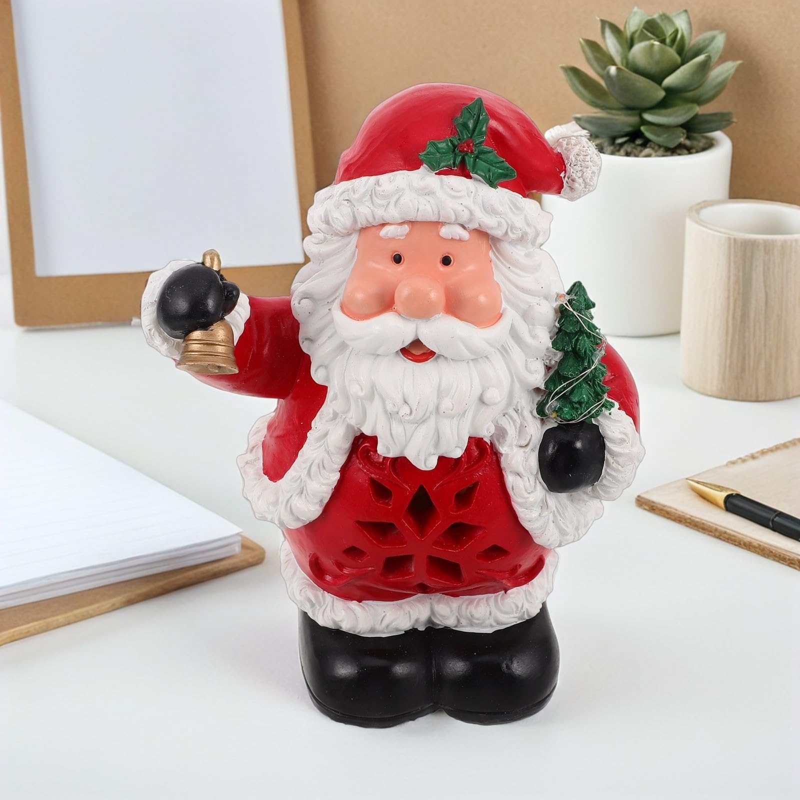 Figura de Papá Noel Navideño Luz y Música, Decoración de Resina Roja para Salas y Hoteles Diseño Detallado y Alimentación Dual por USB