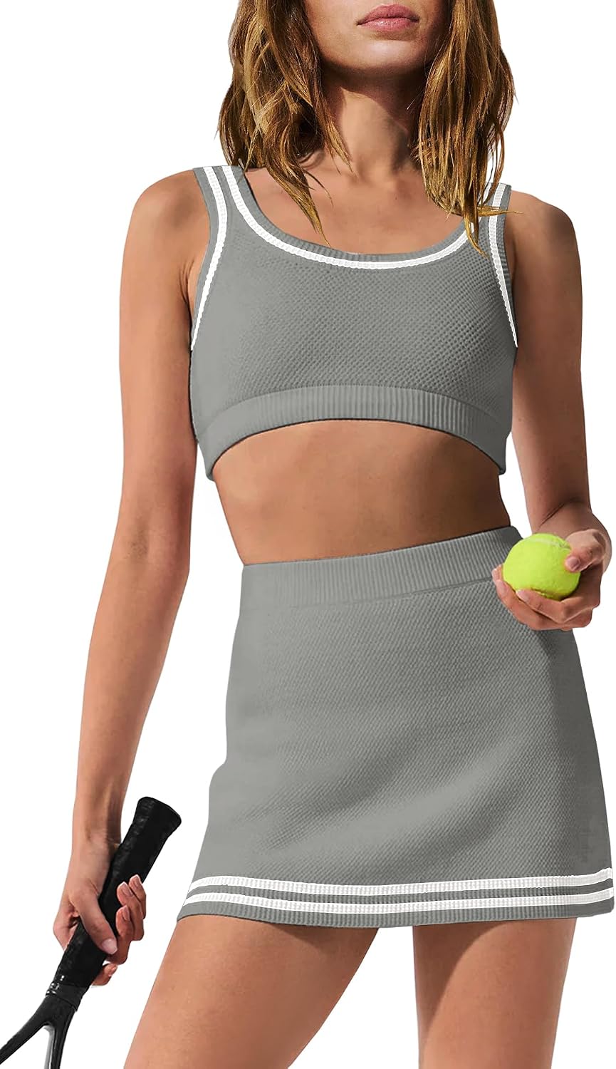 SENSERISE Womens Workout Sets Tennis Dress Built in Shorts Tank Top and Skort Set with Pocket Gym Yoga Outfits