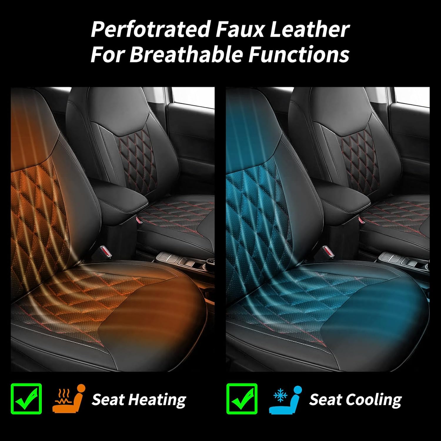 coverdream Maverick Front Leather Seat Covers for Ford Maverick XLT,Lariat,Lobo,Tremor 2022 2023 2024 2025,W/Rear Armrest,Fully Covered,Waterproof Car Seat Protector(Front Row Only,Black & Red Line)