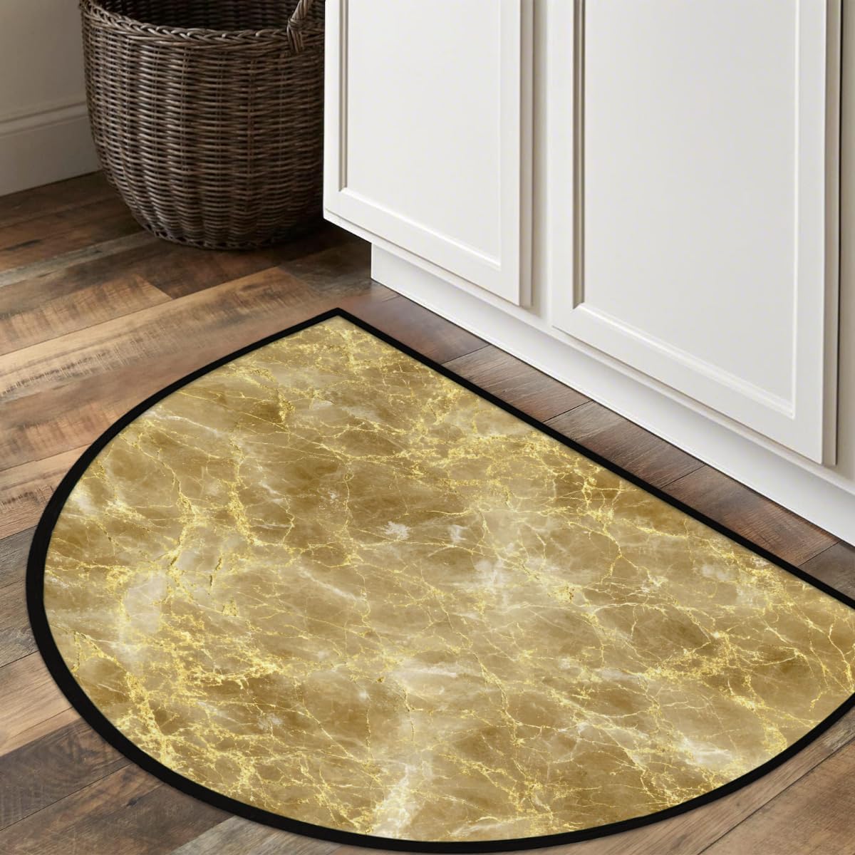 Half Round Door Mat Gold Abstract Marble Non Slip Absorbent Semi Circle Area Rugs Washable Half Moon Floor Mats for Indoor Patio Kitchen Bathroom Entryway Fireplace Home Carpet Decor