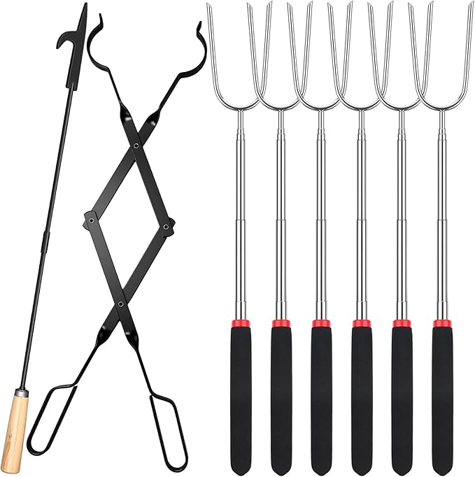 Patelai 8 Pcs Campfire Fire Pit Accessories Include 6 Pcs 25" Smores Sticks for Fire Pit 32" Campfire Poker 25" Fireplace Tong, Marshmallow Roasting Sticks Camping Gear Essentials Hot Dog Fork