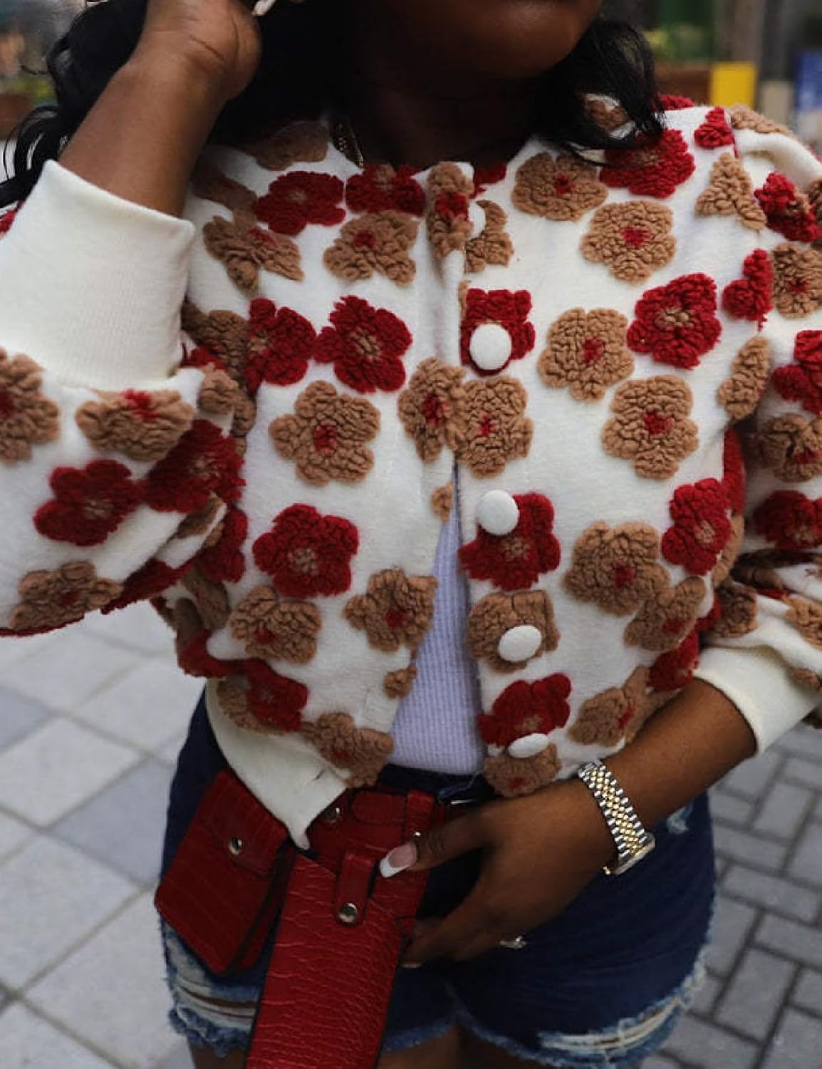 BQDCQB Womens Cropped Floral Print Jacket Warm Fleece Bomber Jacket Casual Button Down Coats Fall Puff Outerwears - Image 3