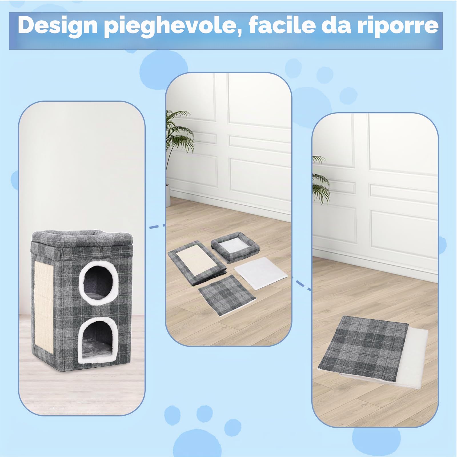 Cuccia per Gatti da Interno, Letto a 3 Piani per Più Gatti, Nicchia Comoda per Animali Domestici, Struttura Stabile, Piega & Facile da Installare, Casetta Chiuso,Grigio,39×39×66cm