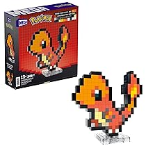 MEGA Pokémon Showcase – Charmander, set in stile retrò pixelato da costruire con 349 pezzi, con base piana per esporlo e incisione sul retro per appenderlo, giocattolo per bambini, 13+ anni, HTH76