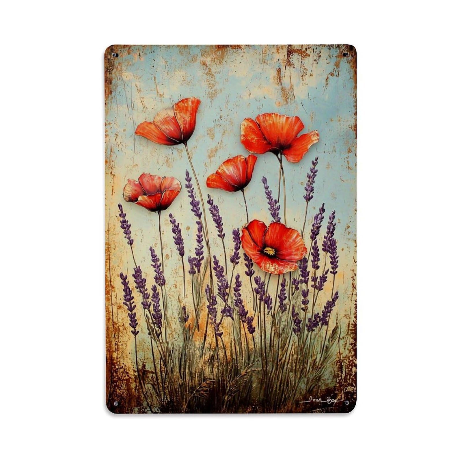 Jdfenggu Vintage Poppy Lavender Field Art Print Retro Metal Tin Sign, Decor Art Poster For Bar, Home, Man Cave, Kitchen, Laundry Room Gift 8X12inch