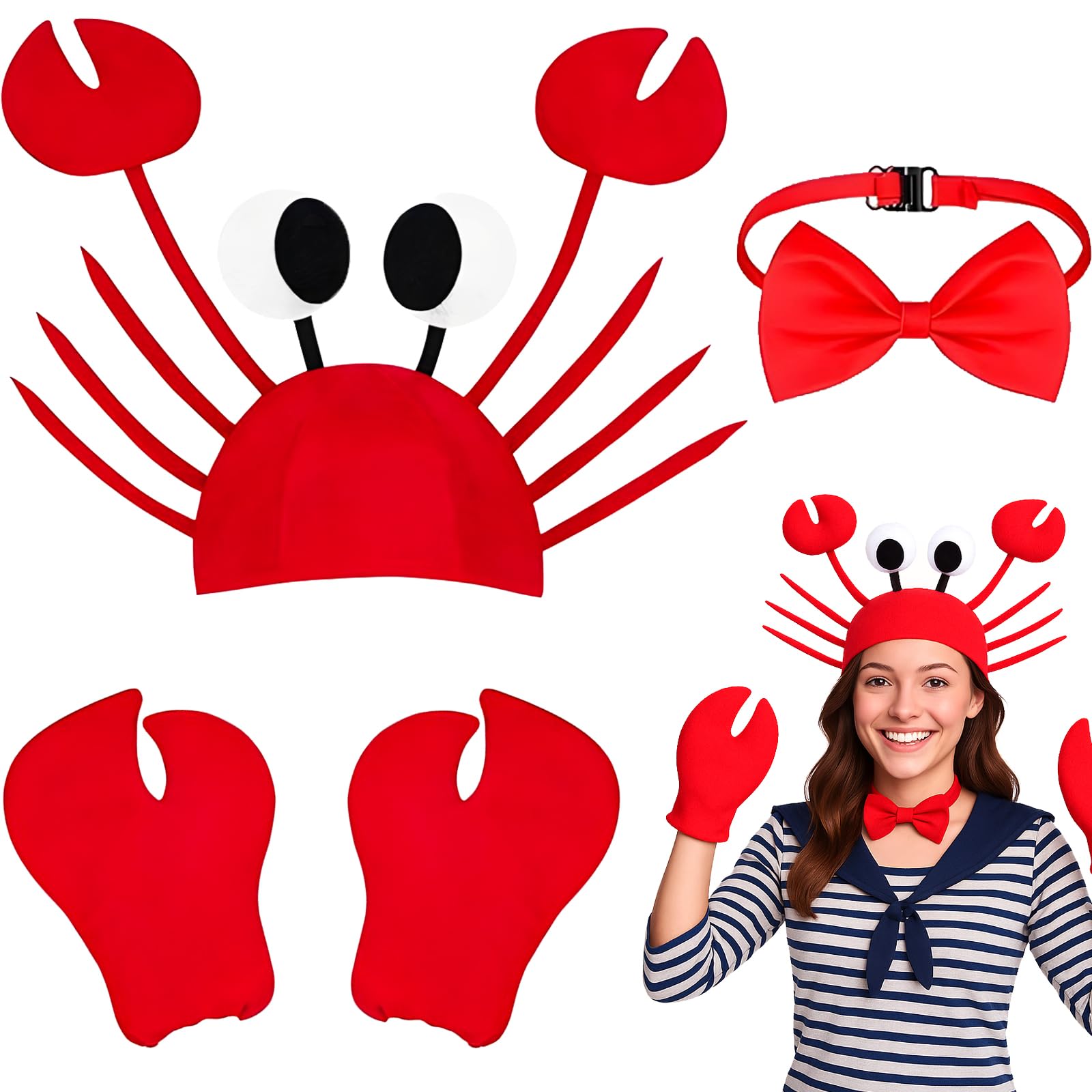 Kyndara 3Pcs Crab Costume Set, Funny Crab Accessories Set with Hat Claws Gloves Bow Tie for Sea Creature Fancy Dress Ocean Theme Parties World Book Day