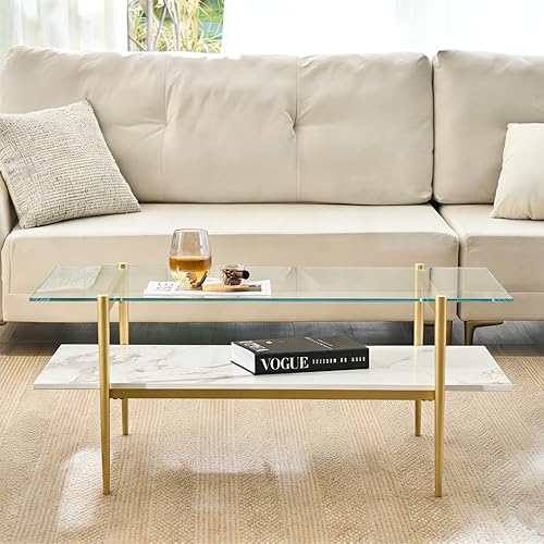 Miniatura 20 de Shrine - Mesa de café rectangular, diseño moderno de mediados de siglo, estructura de 2 niveles, parte superior de vidrio transparente y estante de