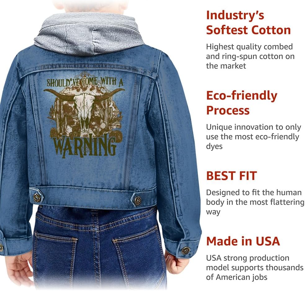 Should've Come With a Warning Toddler Hooded Denim Jacket - Gift Ideas for Son - Retro Cowboy Clothing - Denim with Black, 18-24 Months