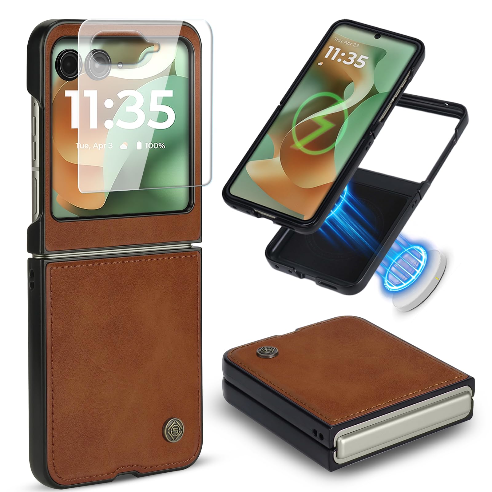 Photo 1 of ASAPDOS Leather Folio Magnetic Case for Motorola Razr 2026/2025/2024[Not fit Ultra or Plus][Compatible with MagSafe],Built-in Screen Protector and PU Leather Thin Slim Protective Case Cover Brown
