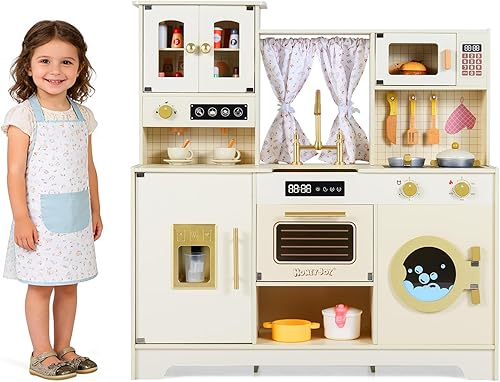Costzon Cocina de juguete de madera con máquina de hielo, cafetera, lavadora, cortina, microondas y horno, cocina de juguete de simulación con