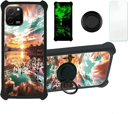 Aroepurt Funda para Huawei Nova Y61 compatible con Huawei Nova Y61 con protector de pantalla de vidrio templado, PC + TPU 2 en 1, soporte de anillo,