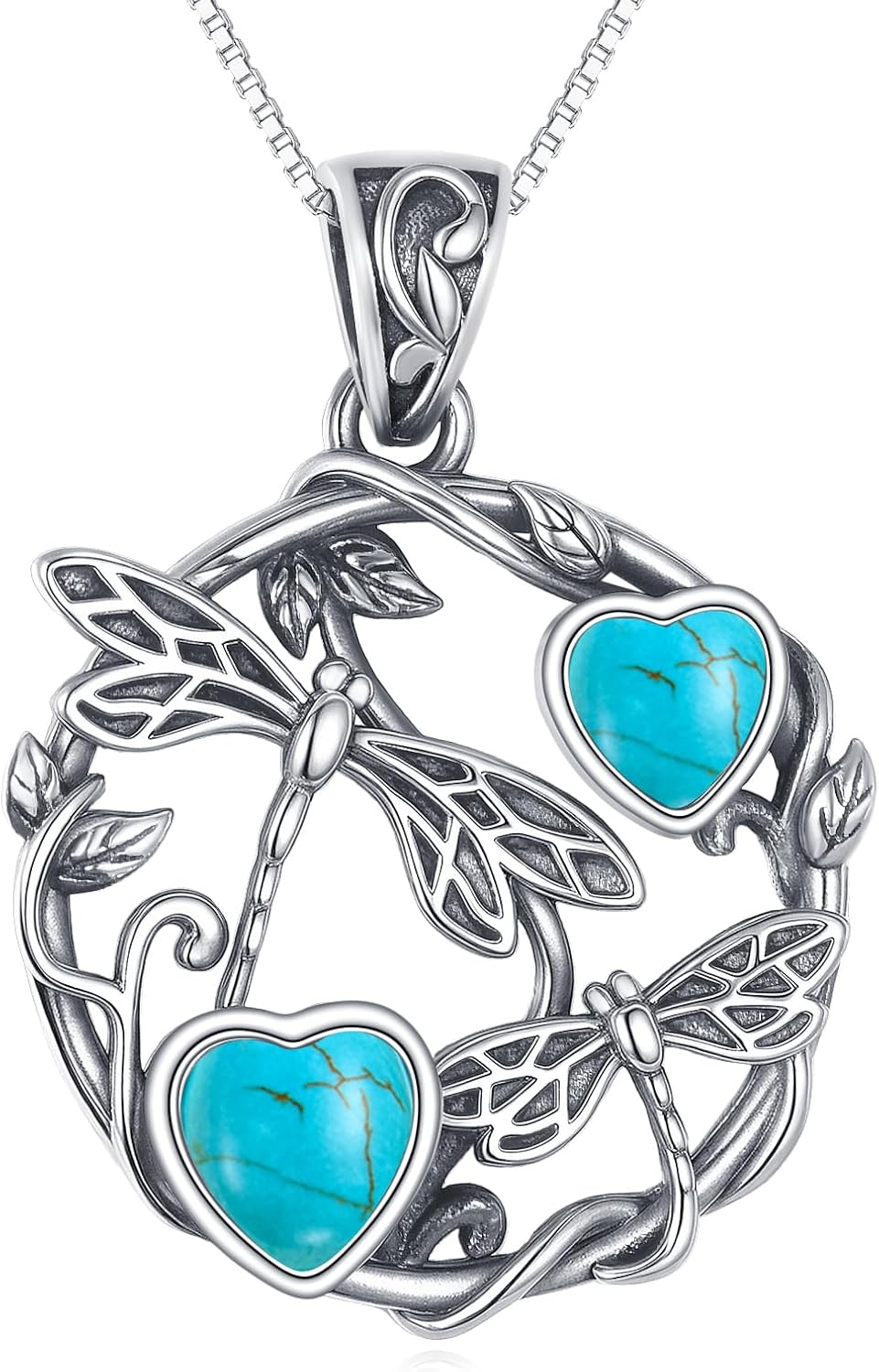 Vintage Dragonfly Pendant Necklace for Women, 925 Sterling Silver Heart Turquoise Boho Jewelry Unique Birthday Gift for Her