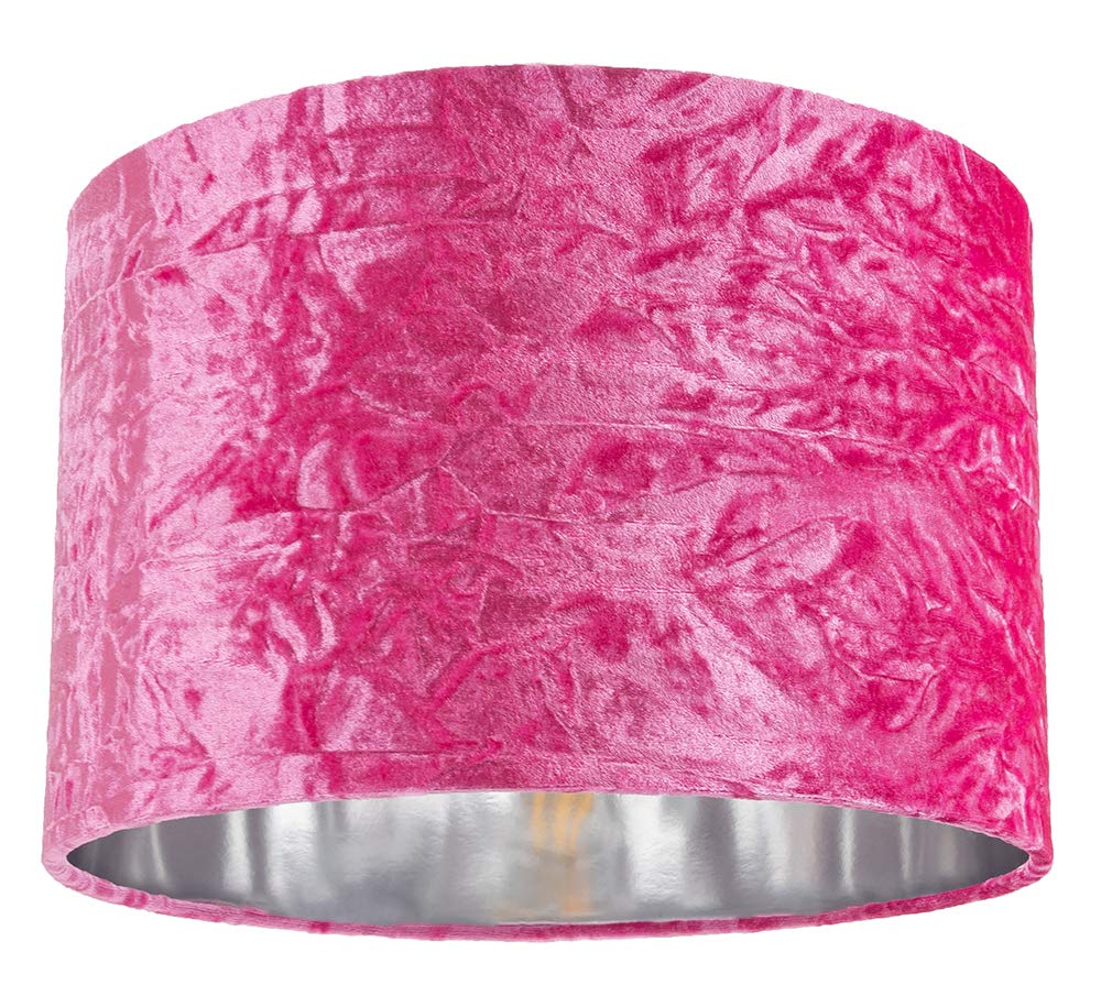 Modern and On-Trend Bright Pink Crushed Velvet Fabric 12" Table or Pendant Circular Drum Lampshade with Shiny Silver Inner - 60watt Maximum | Perfect for Residential or Commercial by Happy Homewares