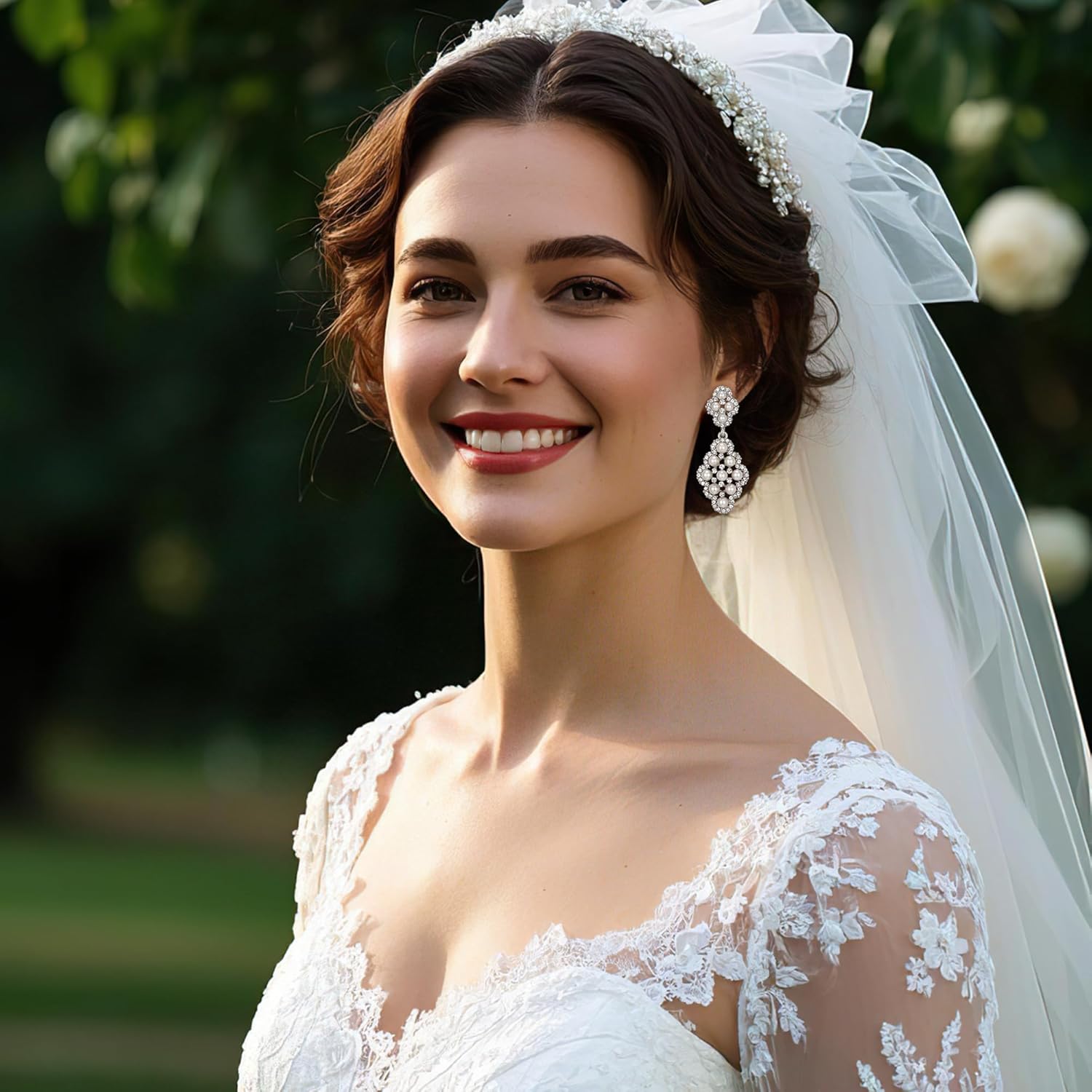 BriLove Wedding Bridal Simulated Pearl Earrings for Women Crystal Hollow Rhombus Chandelier Dangle Earrings for Party Prom Accessories - Image 3