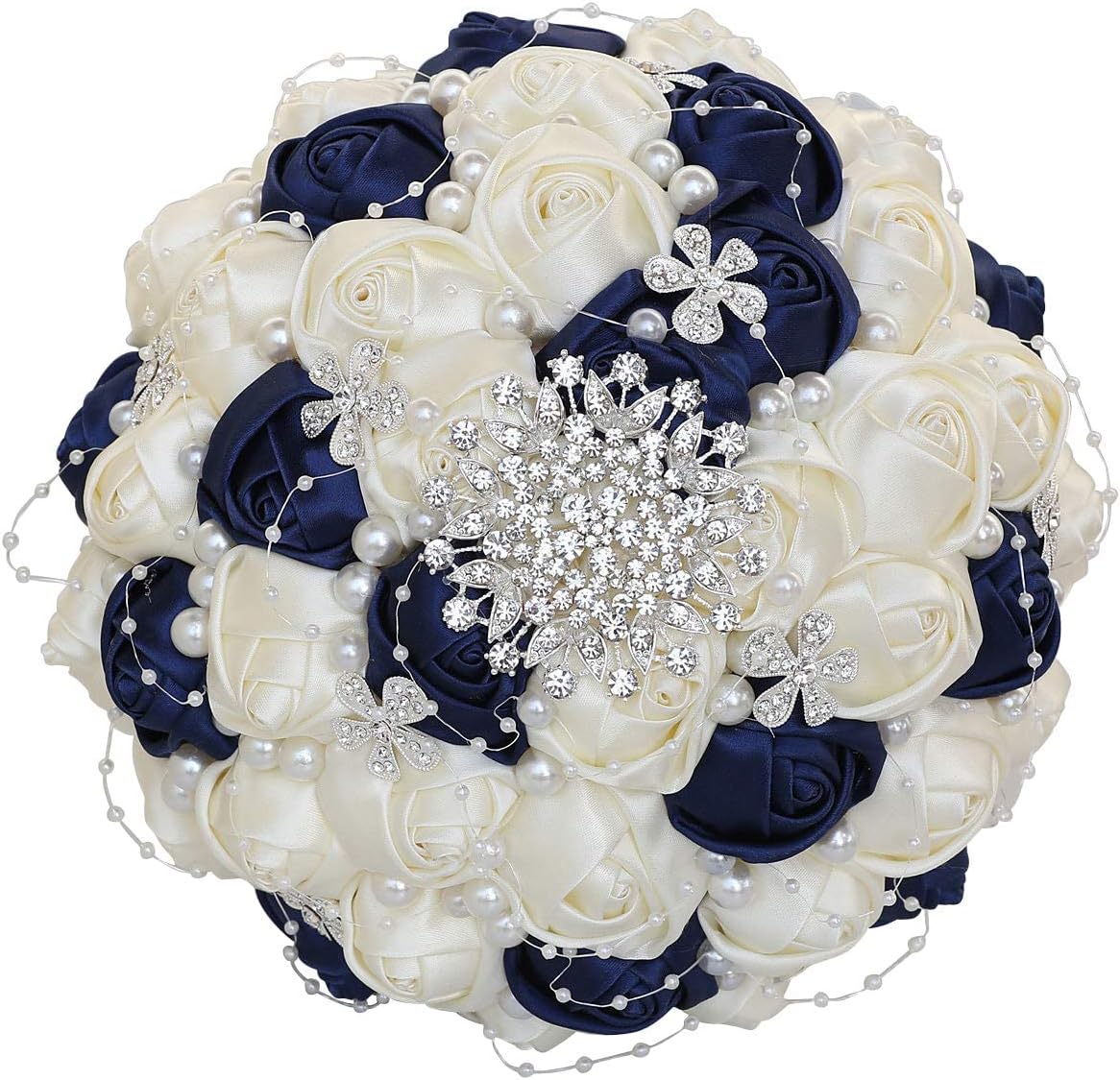Big Size (8.26") Handmade Diamond Wedding Bouquet for Bridal with Pearl Rhinestones Navy Mix Ivory Color Silk Rose Flowers with Ribbon use in Church (Navy Blue+Ivory)