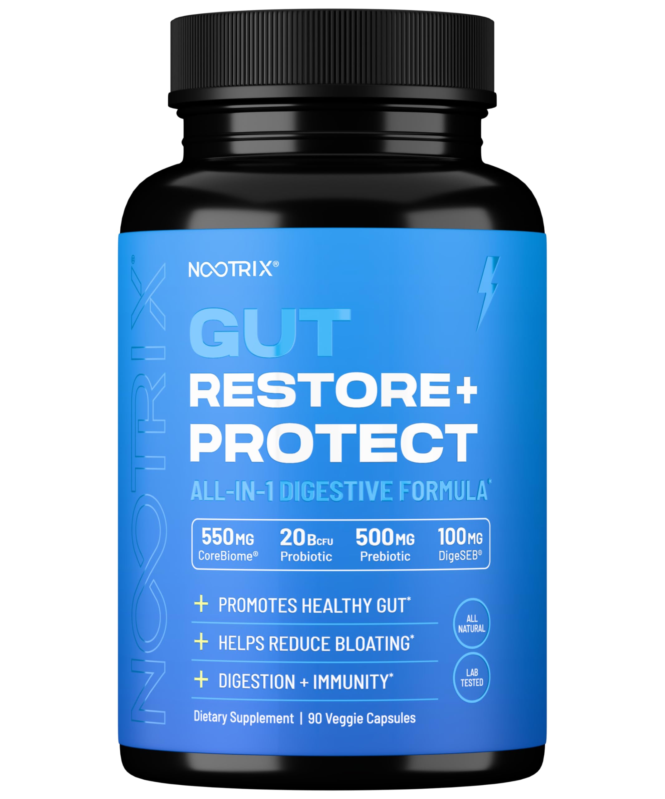 Nootrix Gut Restore + Protect Supplement | Probiotics for Gut Health, Colon Cleanse & Bloating Relief | Promotes Healthy Digestion | Digestive Enzymes, Postbiotics & Prebiotics | 90 Capsules