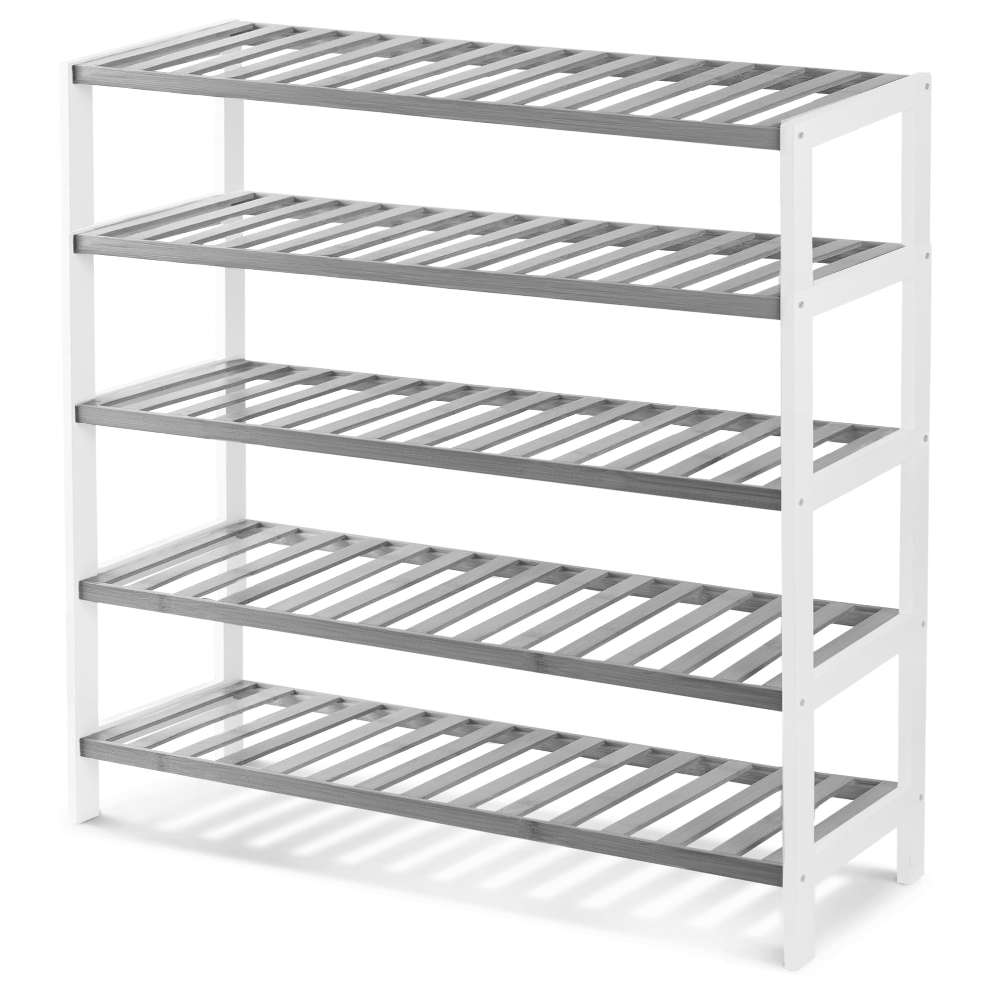 KEPLIN Natural Bamboo Shoe Rack Easy Assembly & Strong Design Shelf Organiser Ideal for Bedroom, Bathroom, Hallway & Small Spaces Capacity Up to 15 Pairs of Shoes (Grey/White, 5 Tier) (70x95x25cm) โ image 1