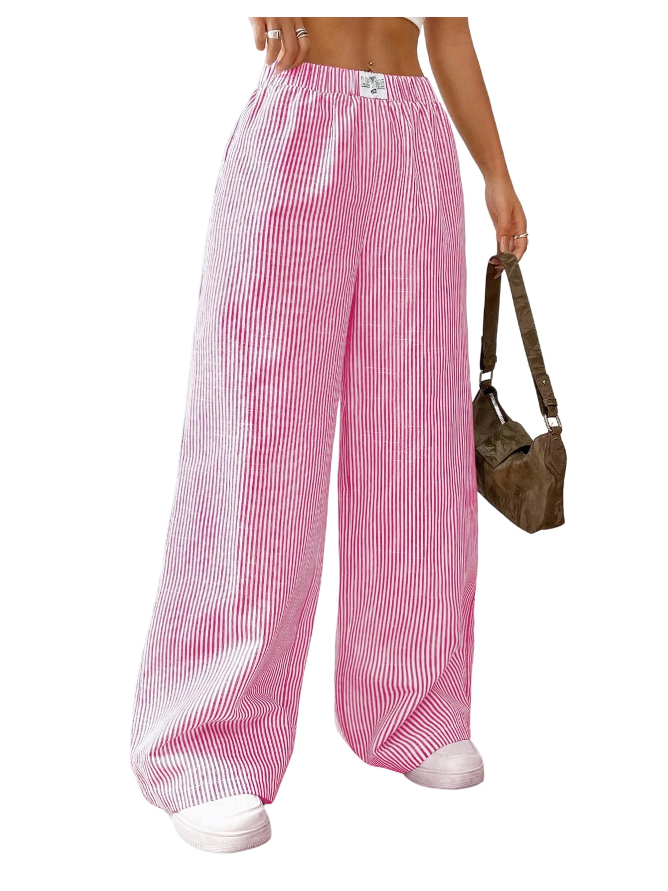 MakeMeChic Womens Striped Pants Elastic Waist Wide Leg Straight Summer Trousers