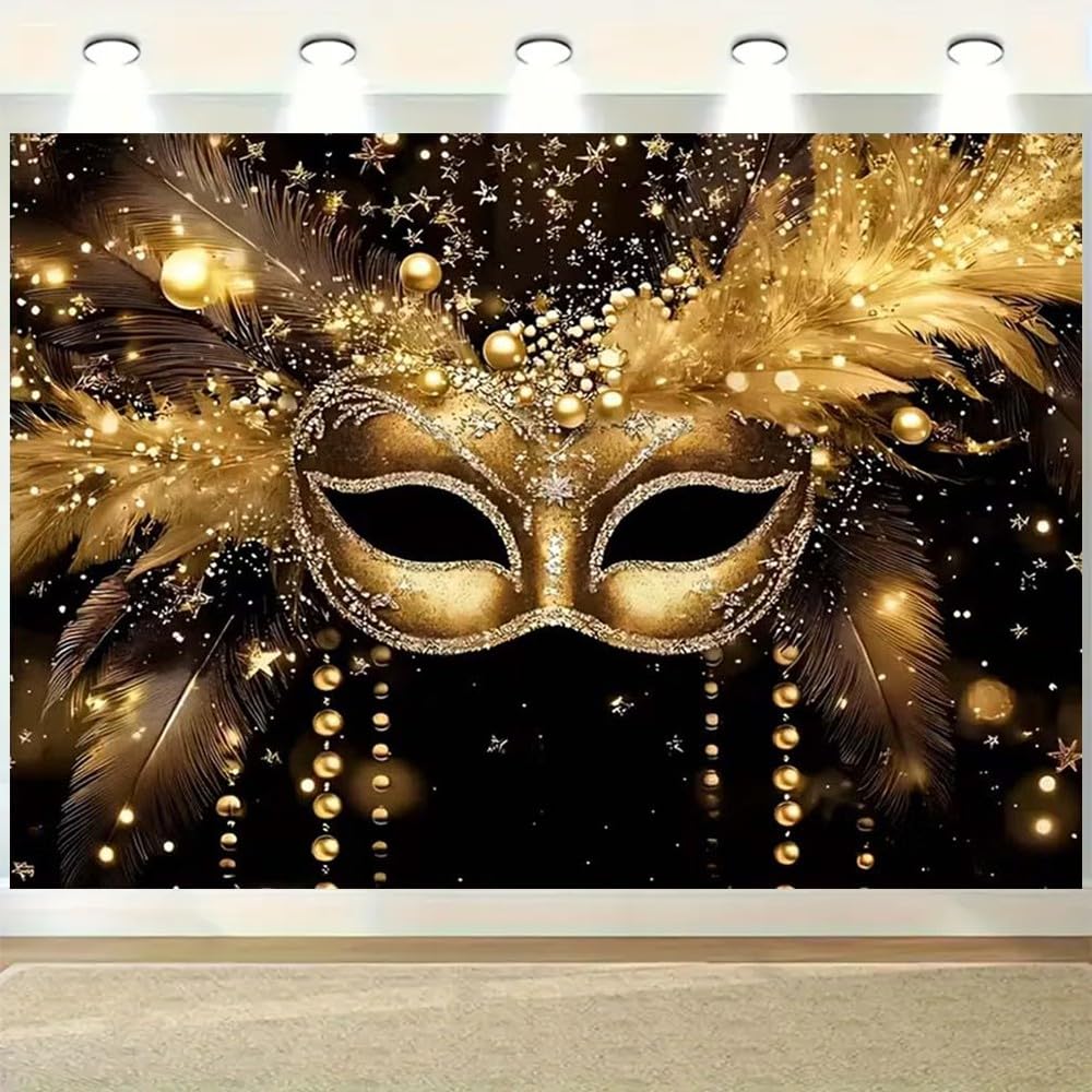 Sfondo per feste in maschera, maschera dorata, piume glitterate, sfondo fotografico, per martedì grasso, feste in maschera, carnevale, feste di buon compleanno (A, 2,7 x 1,8 m)