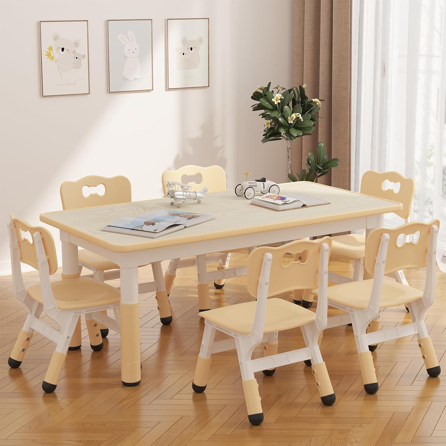 GarveeHome Kids Table and 6 Chairs Set, Height Adjustable Toddler Table and Chair Set, Graffiti Desktop, Children Study Play Dinner Table for Home Daycare Preschool for Ages 2-8, Beige