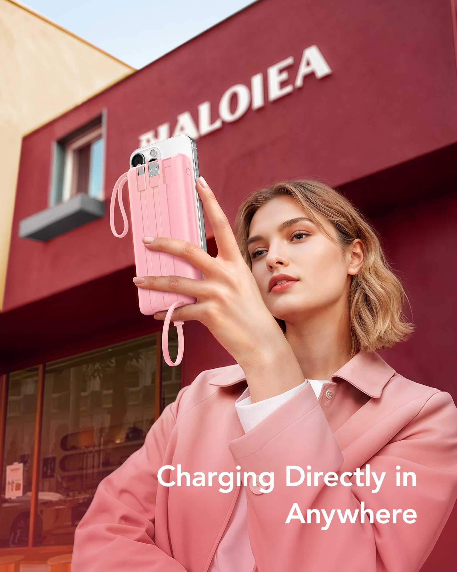 VRURC 10000mAh Power Bank With Built in Cables,USB C Battery Pack Portable Charger with 5 Outputs 2 Inputs Powerbank LED Display compatible with iPhone 17 16 15 14, Samsung,Android-Pink - 3