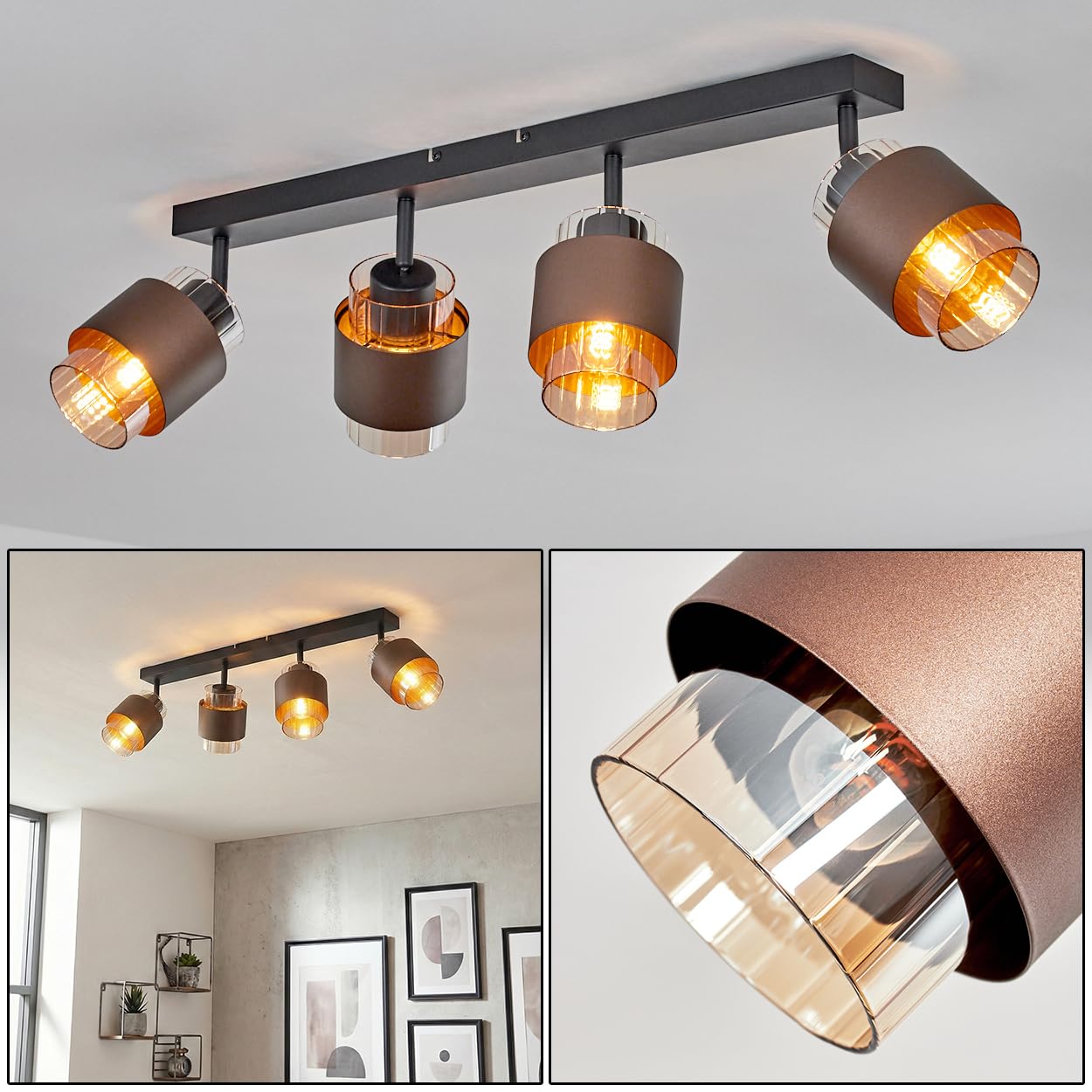 HOFSTEIN Lampada da soffitto Traak, 2 luci in metallo/vetro scanalato in nero/bronzo/ambra, lampada regolabile con interruttore sulla cassa, 2 x E27, sala da pranzo, cucina, soggiorno, camera da letto