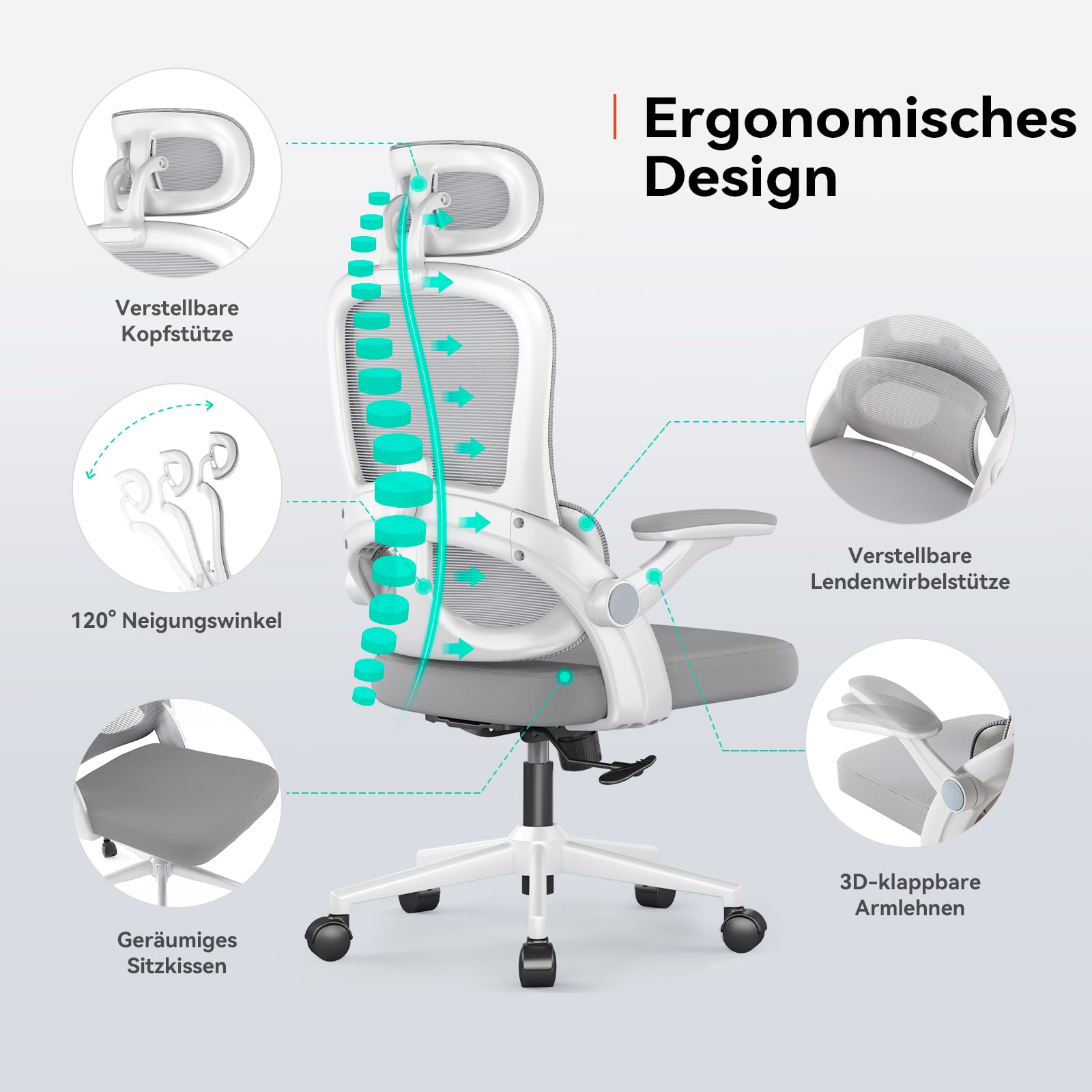 SIHOO M102C ergonomischer Bürostuhl mit Netzrücken, Verstellbarer Lendenwirbelstütze, Kopfstütze, Schreibtischstuhl mit Drehfunktion für Büro und Zuhause (Weiß)