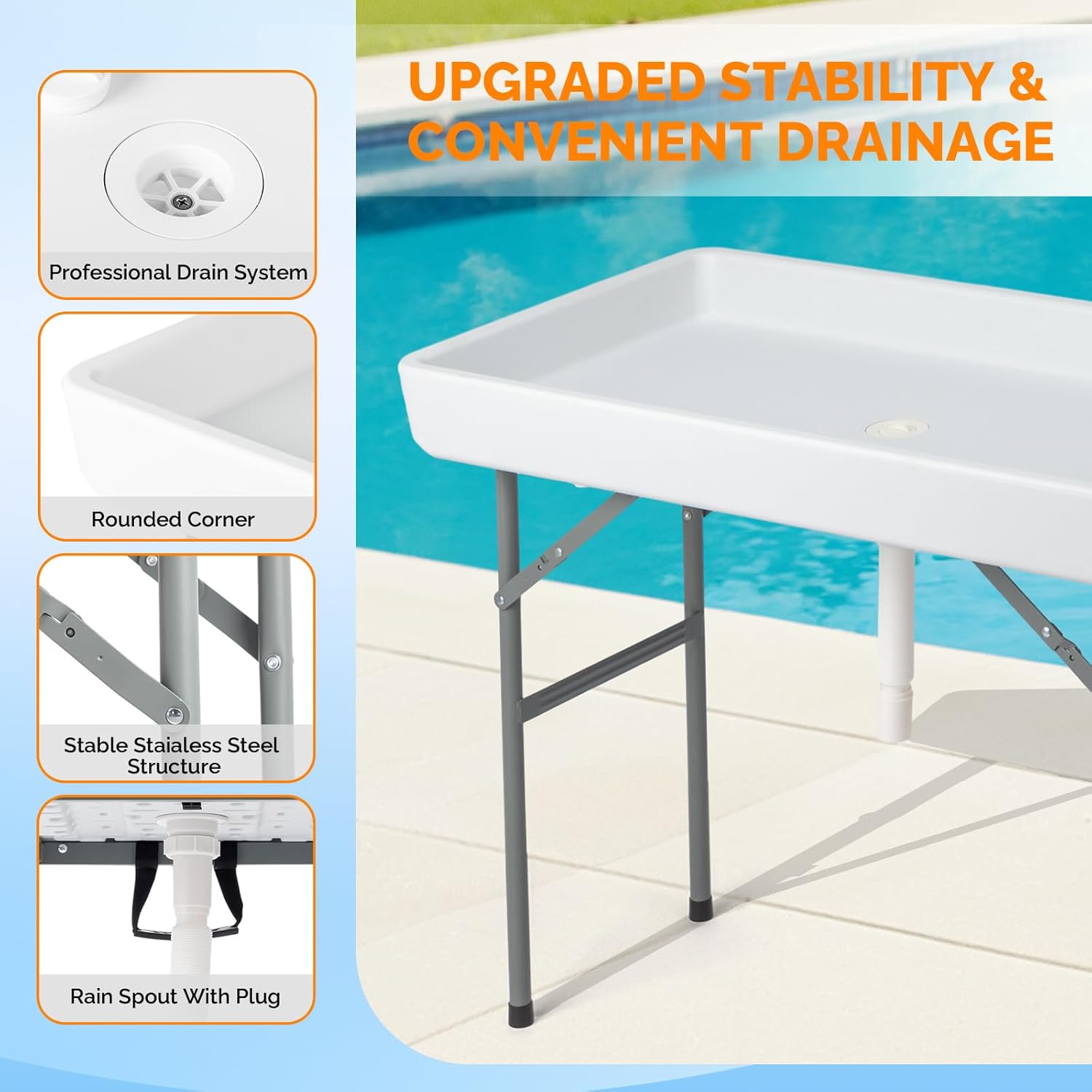 VINGLI Ice Table with Side Table, Portasble Cooler Table with Removable Skirt, Patio Table, Indoor & Outdoor Bar for Events, Parties and Camping White
