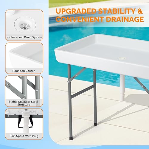 Miniatura 77 de VINGLI Mesa plegable para fiestas de 4 pies, portátil, para campamento y pesca, plástico con falda a juego, mesa de hielo para fiestas, barbacoas