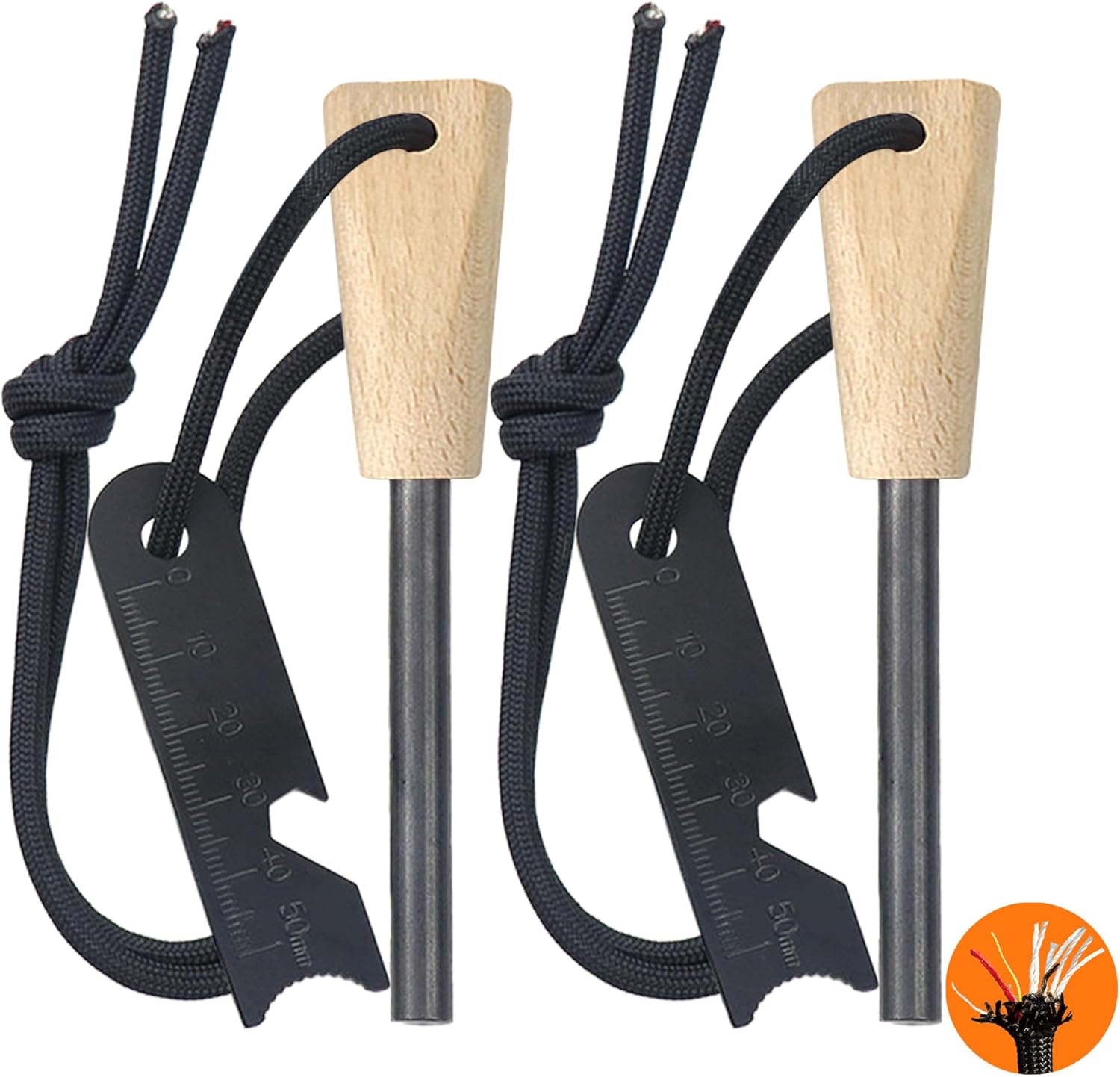 Fireplace Starter (2 Packs), All-Climate Magnesium Ferro Rod for Tenting and Mountaineering, Emergency Survival Kits with Waxed Fireplace Tinder Paracord (28inch)&Beech/Pine Deal with&&6-in-1 Multi-Instrument