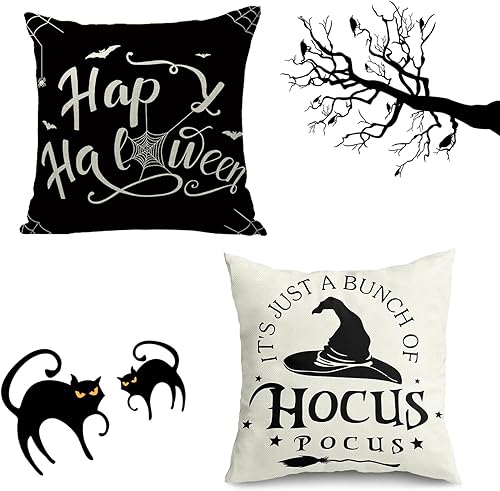 Fundas de almohada decorativas de Halloween, 2 unidades, lino y algodón, color negro y blanco, fundas de cojín cuadradas de 18 x 18 pulgadas para
