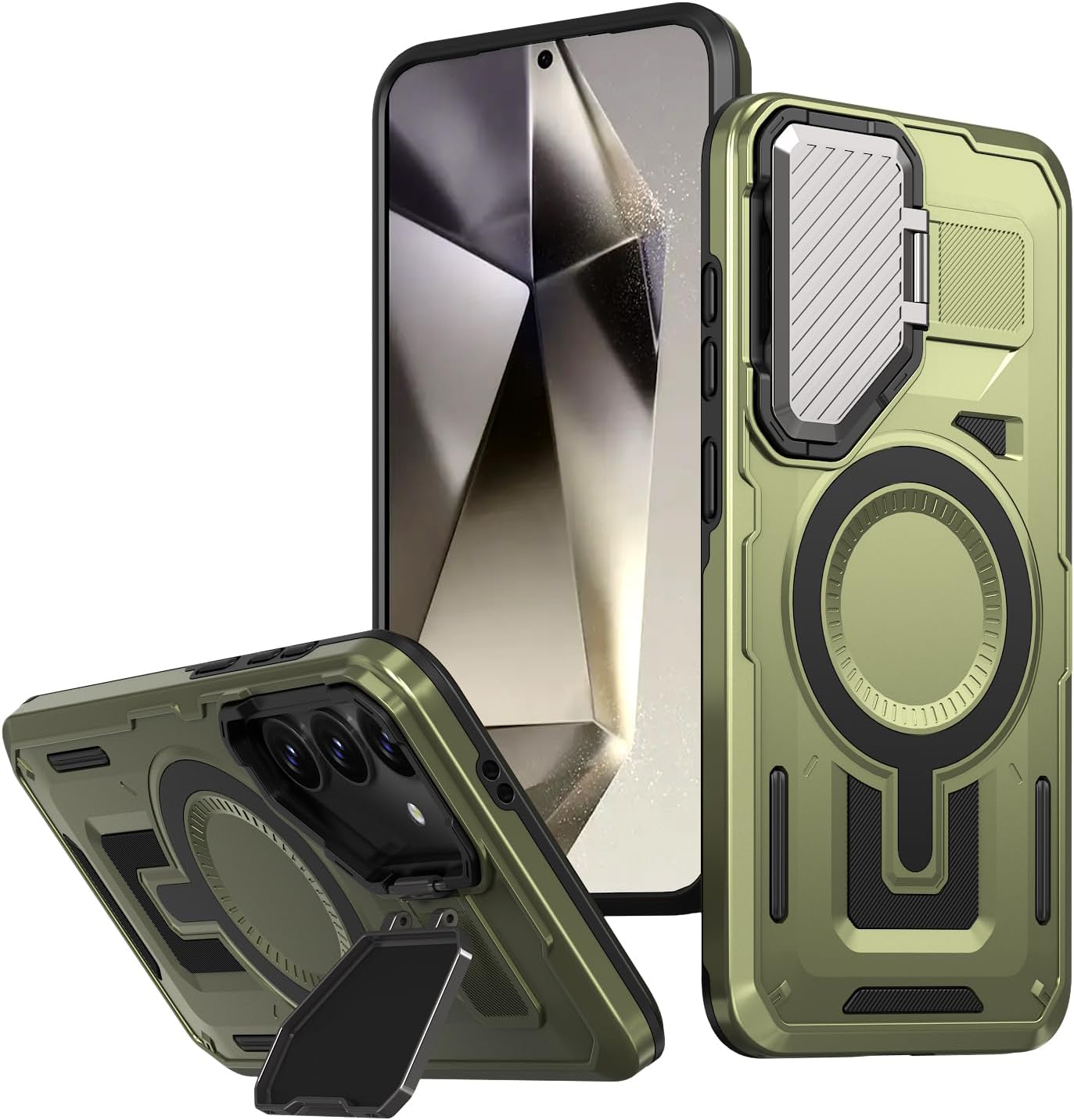 SUPWALLBumper Case Designed for Samsung Galaxy S24 FE Kickstand Case with Camera Cover, Compatible with Magsafe Built-in Rotatable Magnetic Heavy Duty Shockproof Phone Cover - Green