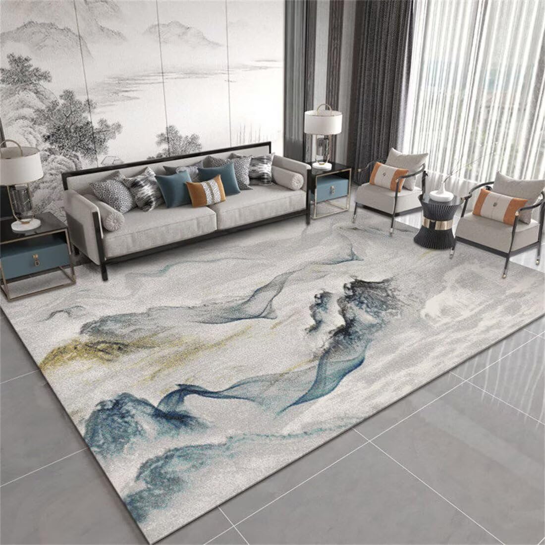 Tapis de sol extérieur gris bleu 150x200 grand tapis de salon ethnique et chevet chambre