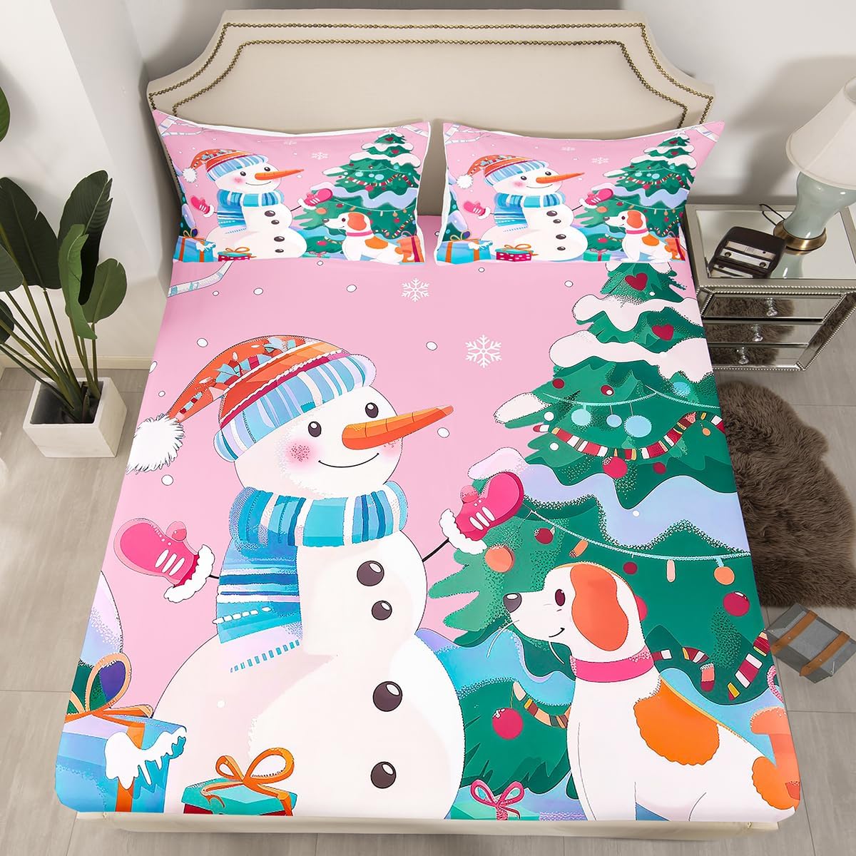 Feelyou Merry Christmas Bed Sheets Set Queen Size Kawaii Dog Deep Pocket Fitted Sheet Funny Snowman Bedding Sets Xmas Theme Soft Bed Set 4Pcs with 2 Pillow Cases