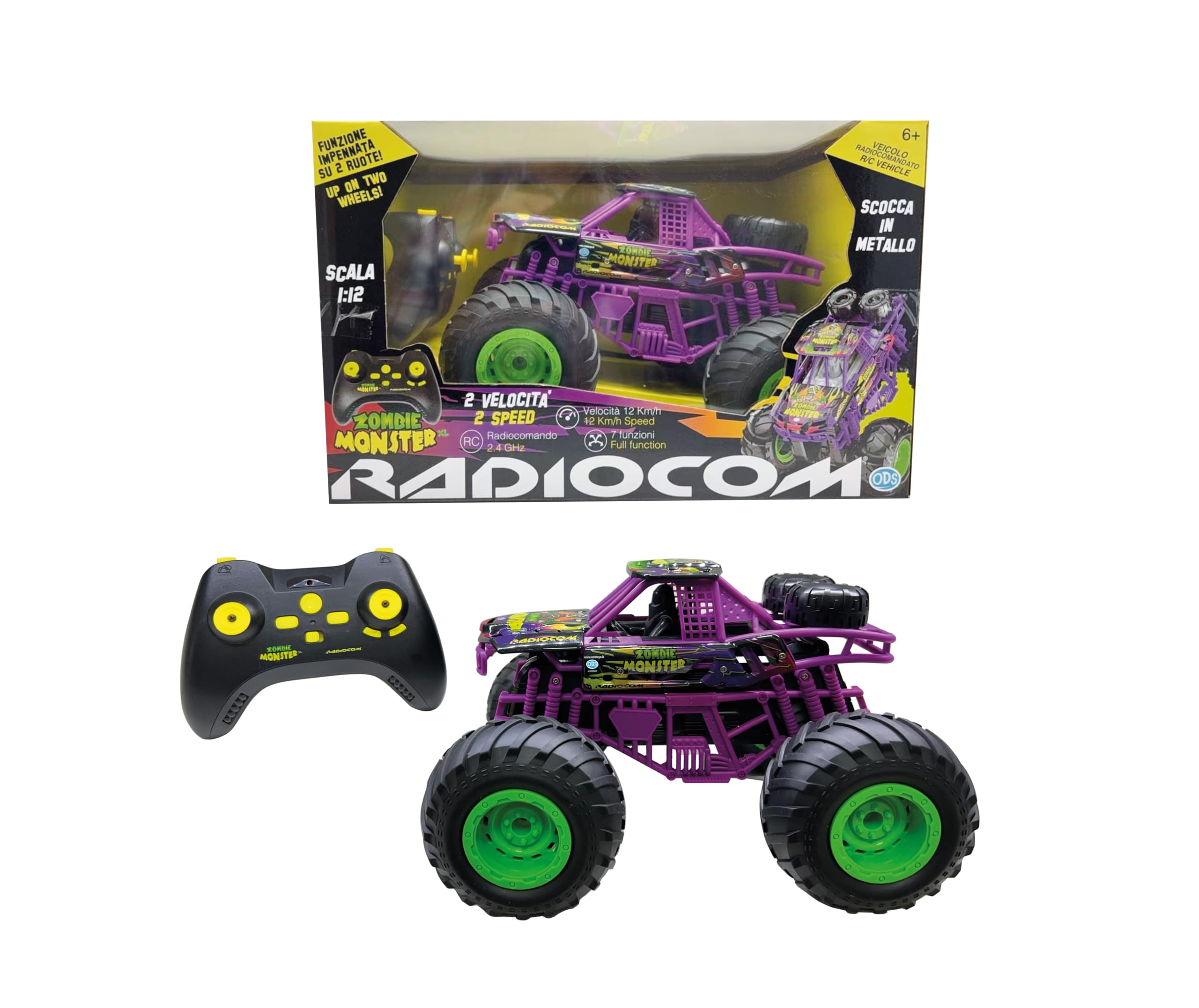 Zombie Monster XL Auto RC sc.1:12 2.4 Ghz, 7 funzioni, 2 velocità SCOCCA IN METALLO, funzione impennata, tasto DEMO, velocità max 12 km/h