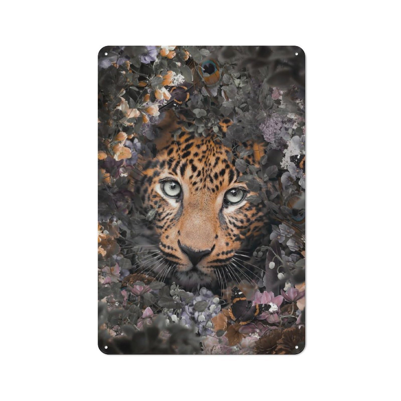 Flowered Leopard Vintage Metal Wall Decor 30x20cm, Garage Metal Sign for Workshop, Basement, Shed Or Games Room