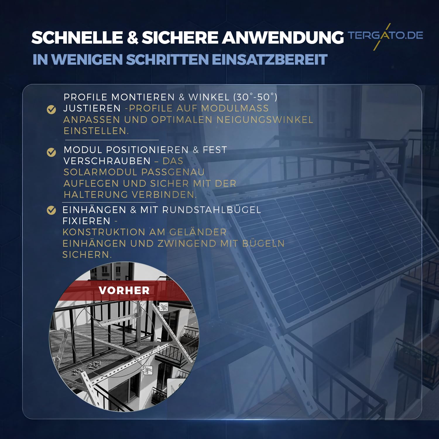 Balkonkraftwerk Halterung Aluminium von Tergato – Solarpanel Halterung für Balkon & Wand – Verstellbar 30-50° – PV Modul Set aus Aluprofil – Rostfreier Stahl