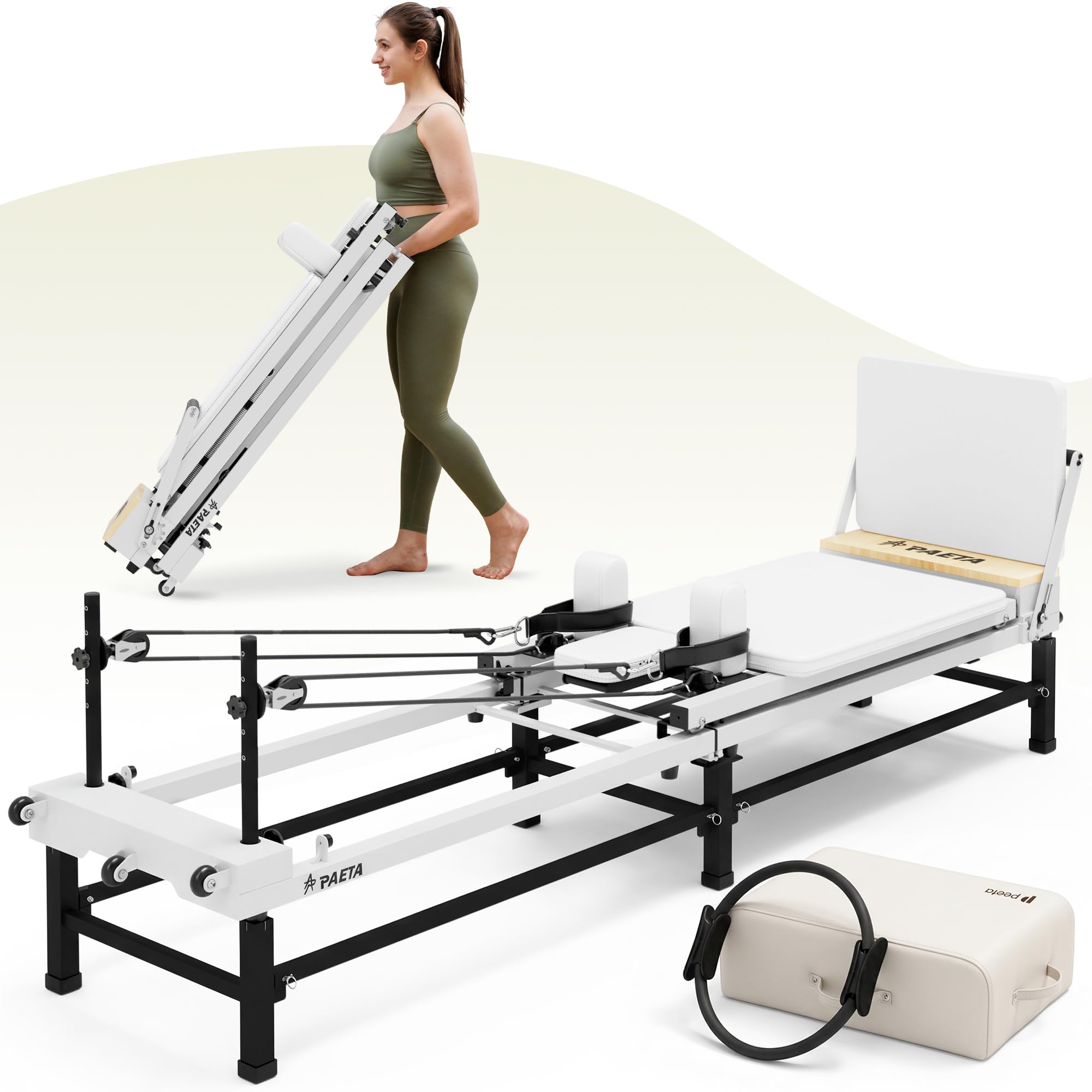 PAETA Pilates Reformer, 86" Foldable Reformer Pilates Machine with Adjustable Reformer Heights, Pilates Equipment with Music Wire Spings and Jump Boards