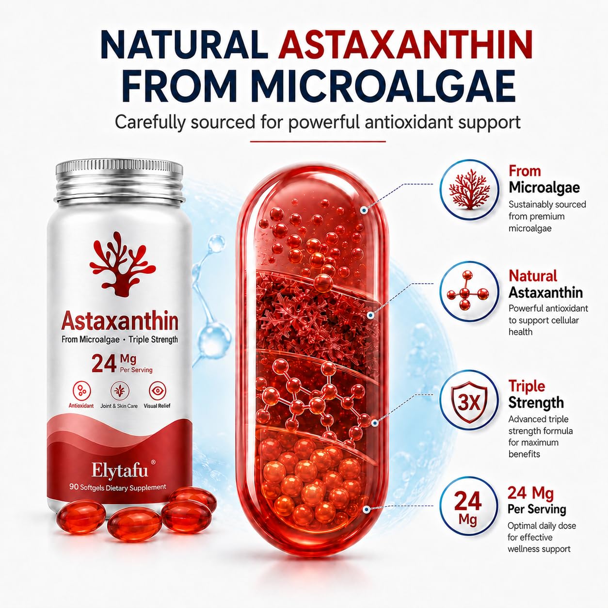Astaxanthin Supplements 24mg Astaxanthin Softgels,from Microalgae, Triple Strength Astaxantina Antioxidant Wellness Support, 90 Softgels — Amazon image 4