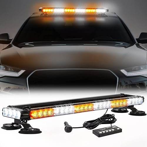 WINECO Amber White 29.5" LED Rooftop Strobe Lights Bar, Double Side Flashing Emergency Hazard Caution Warning Beacon Lightbar w/Magnetic for Construction Vehicles Tow Trucks Vans Tractor Snowplow